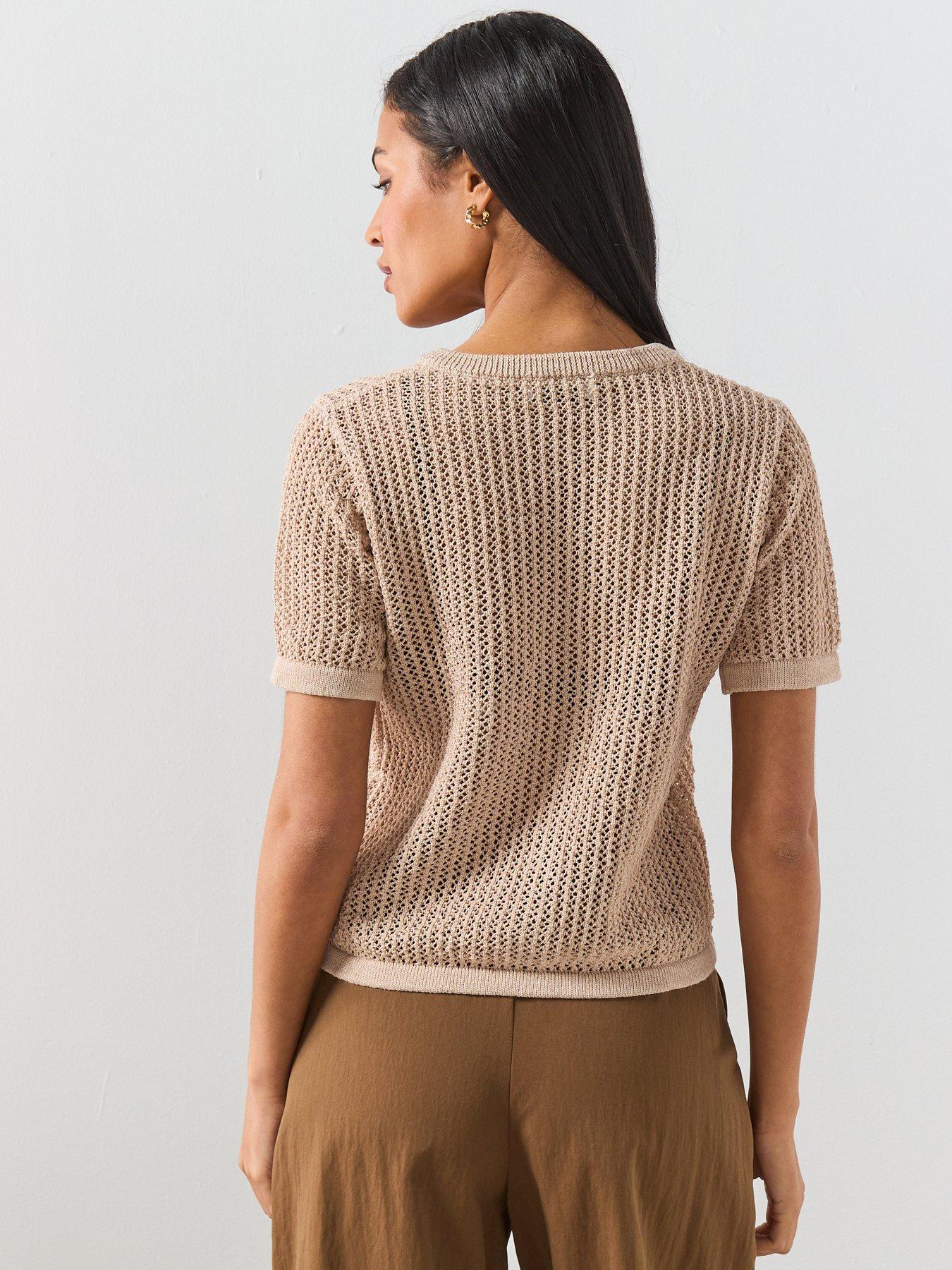  image of mango-short-sleeved-openwork-knitted-cardigan-beige