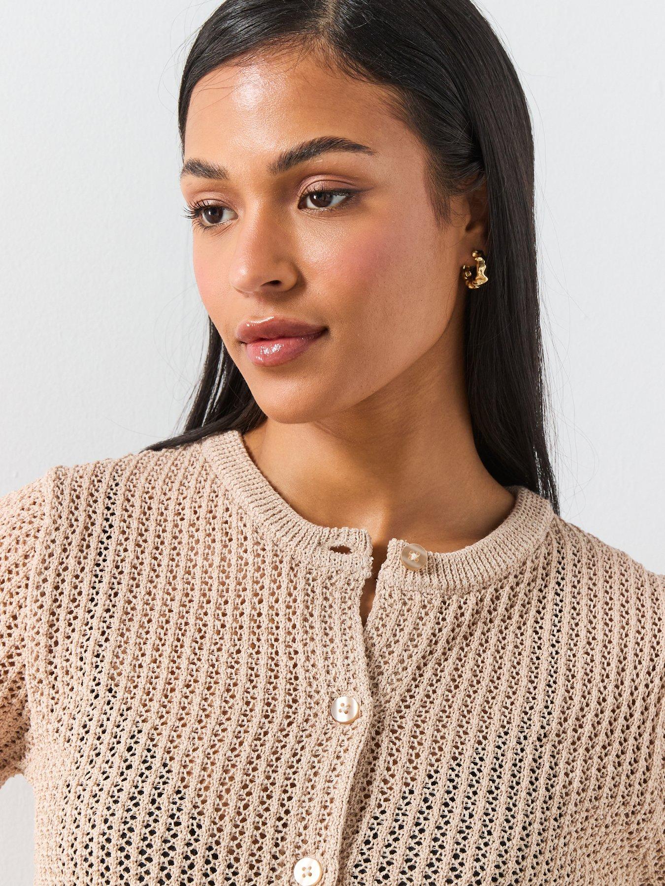  image of mango-short-sleeved-openwork-knitted-cardigan-beige