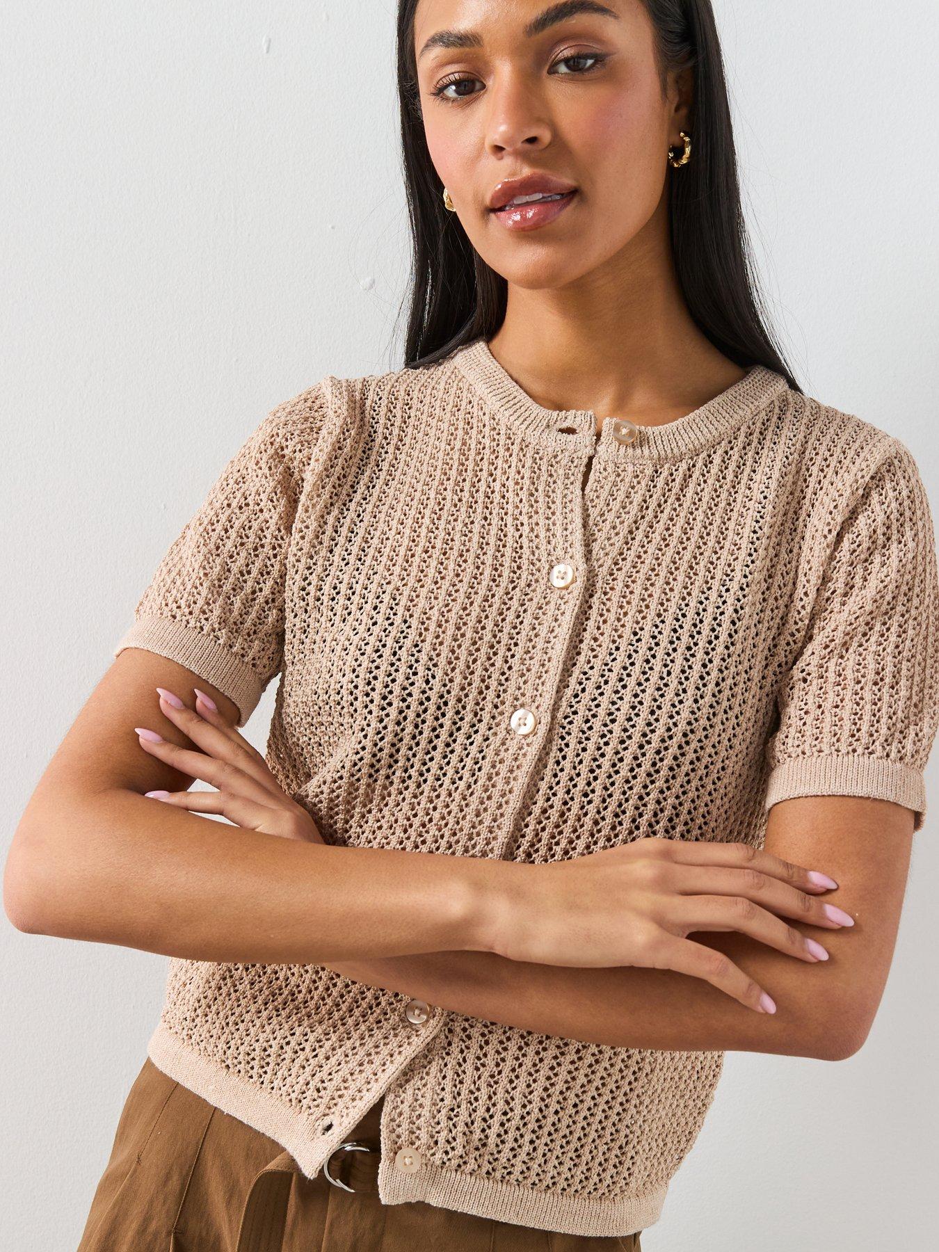  image of mango-short-sleeved-openwork-knitted-cardigan-beige