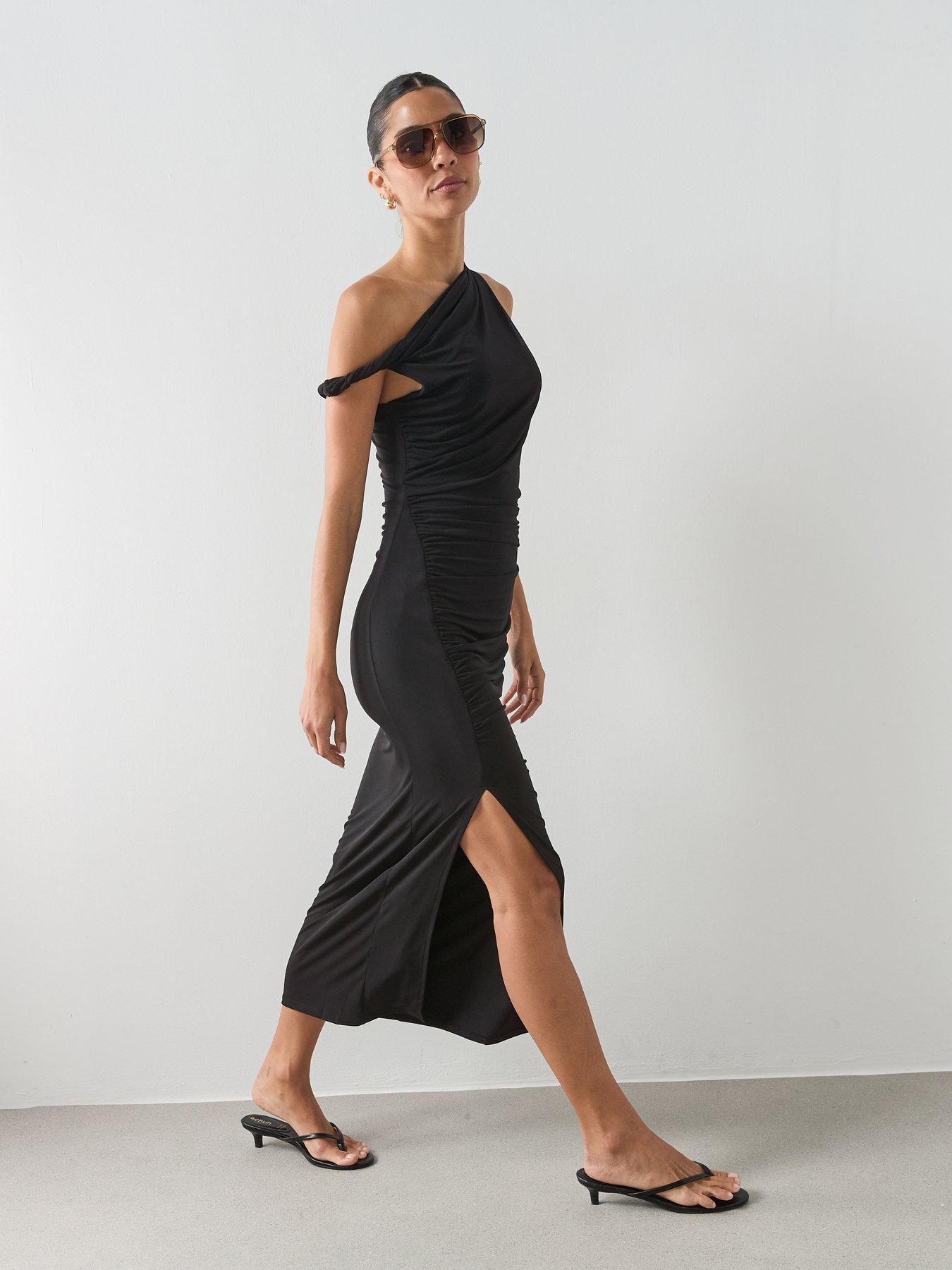 image of mango-asymmetrical-dress-with-side-slit-black