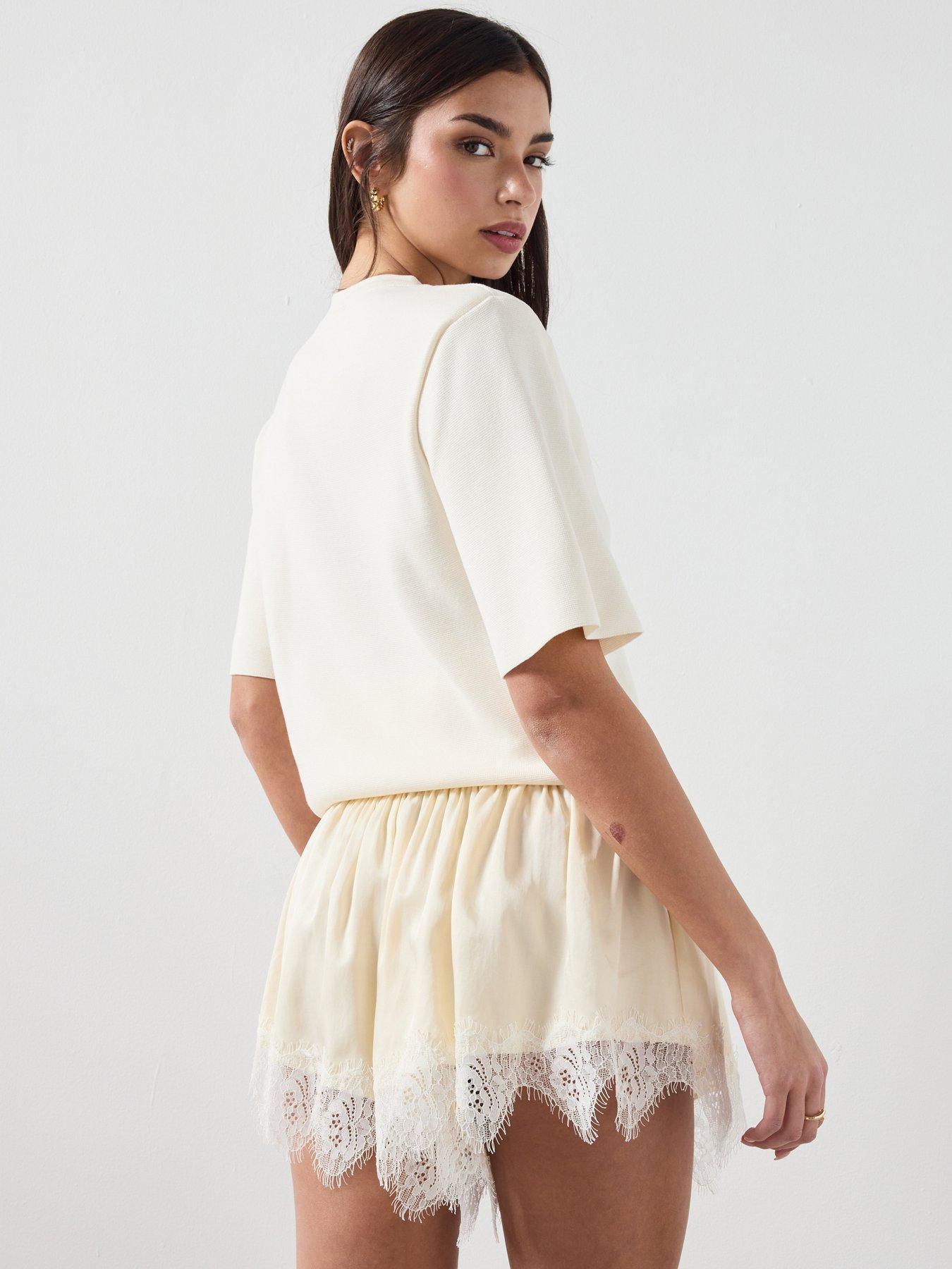 Image 6 of 6 of Mango Satin Lace Shorts - Ecru