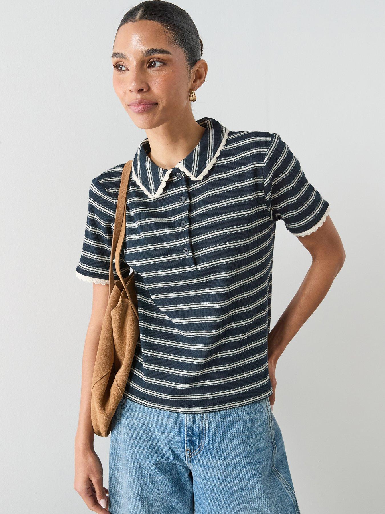 Mango Scalloped Striped Polo - Navy
