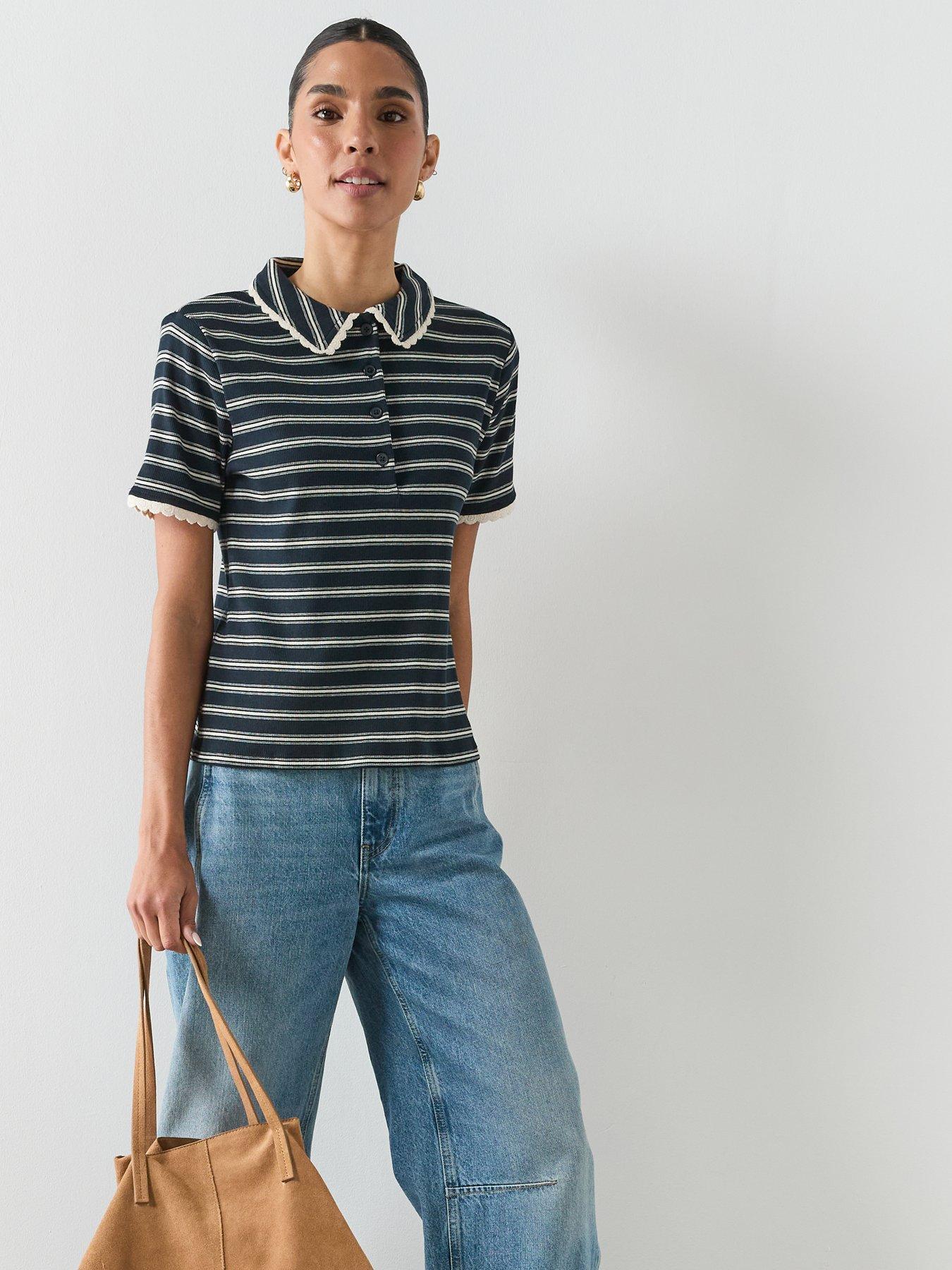  image of mango-scalloped-striped-polo-navy