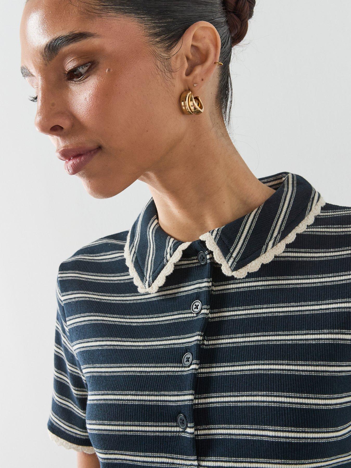  image of mango-scalloped-striped-polo-navy