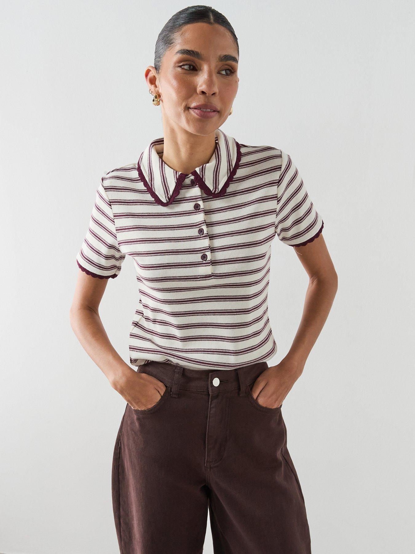 Mango Scalloped Striped Polo - Red