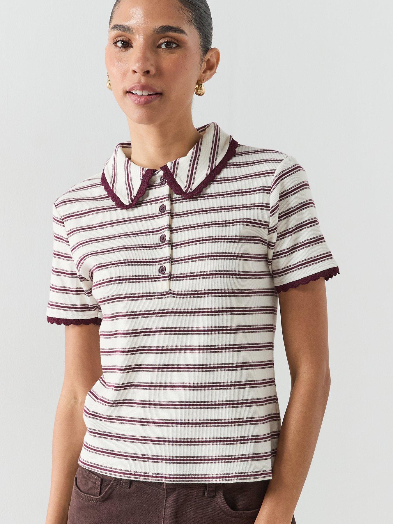  image of mango-scalloped-striped-polo-red