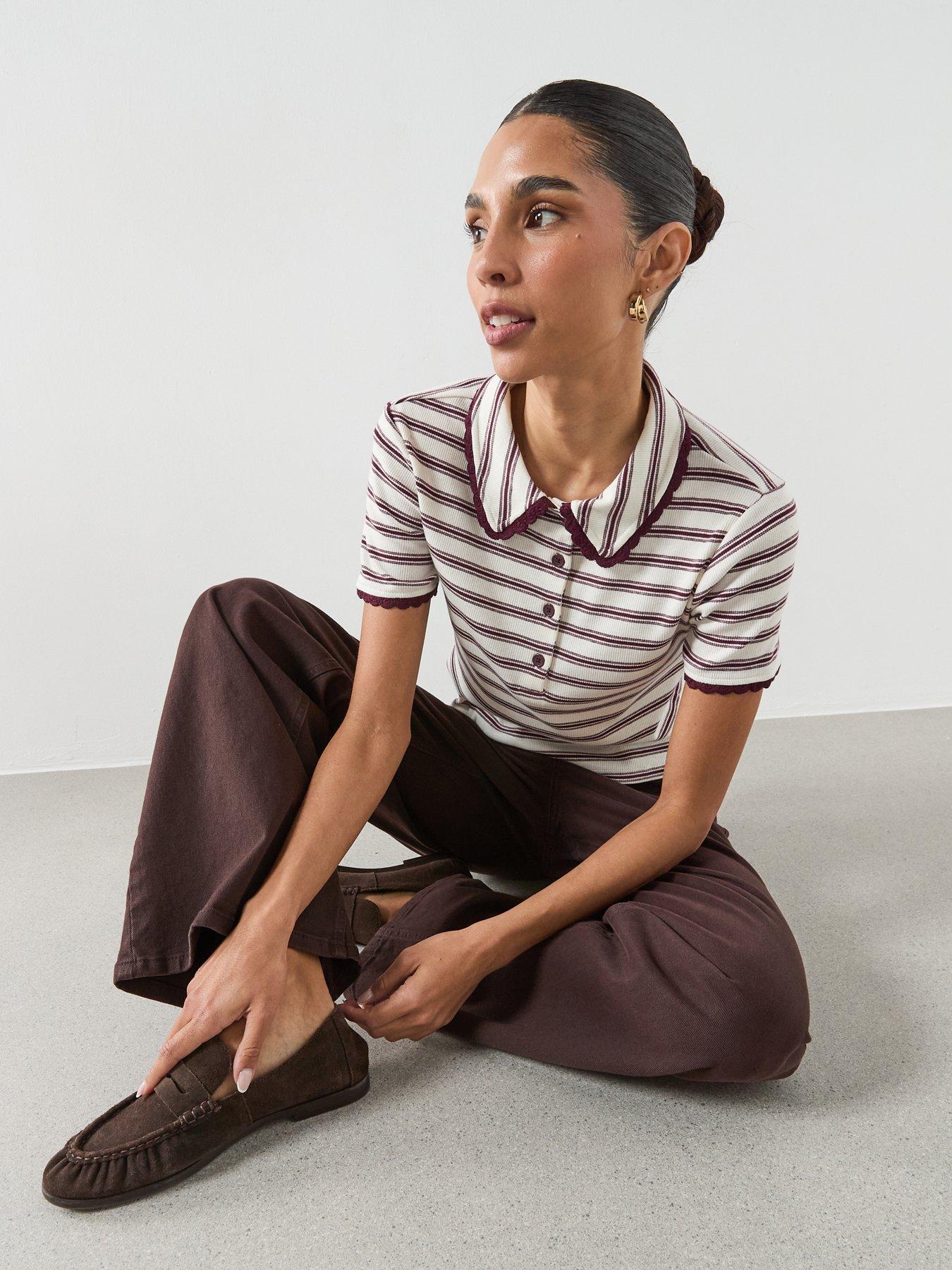  image of mango-scalloped-striped-polo-red