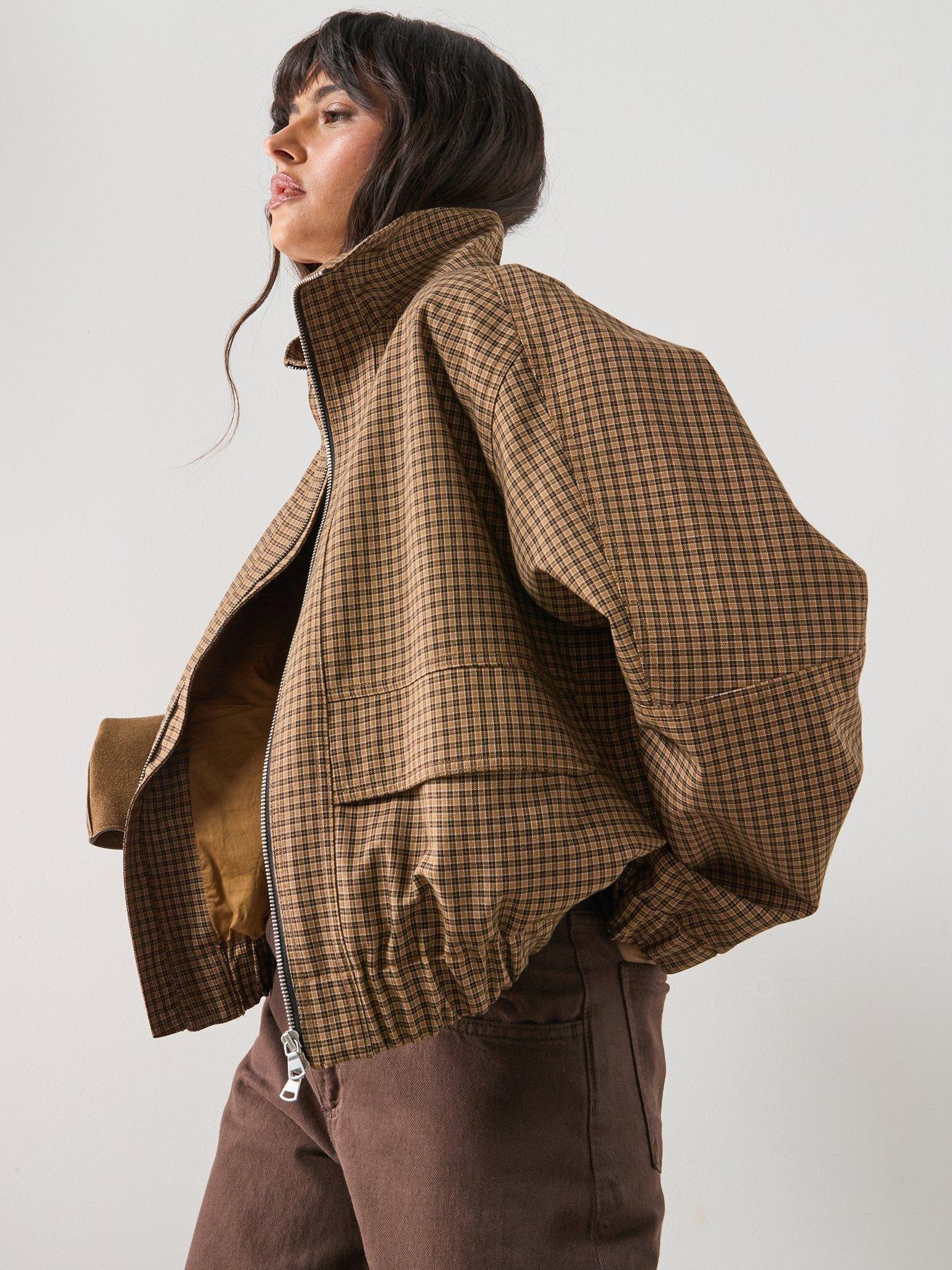 front image of mango-houndstooth-high-collar-jacket-brown