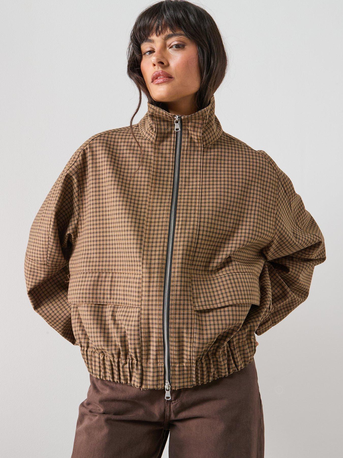  image of mango-houndstooth-high-collar-jacket-brown