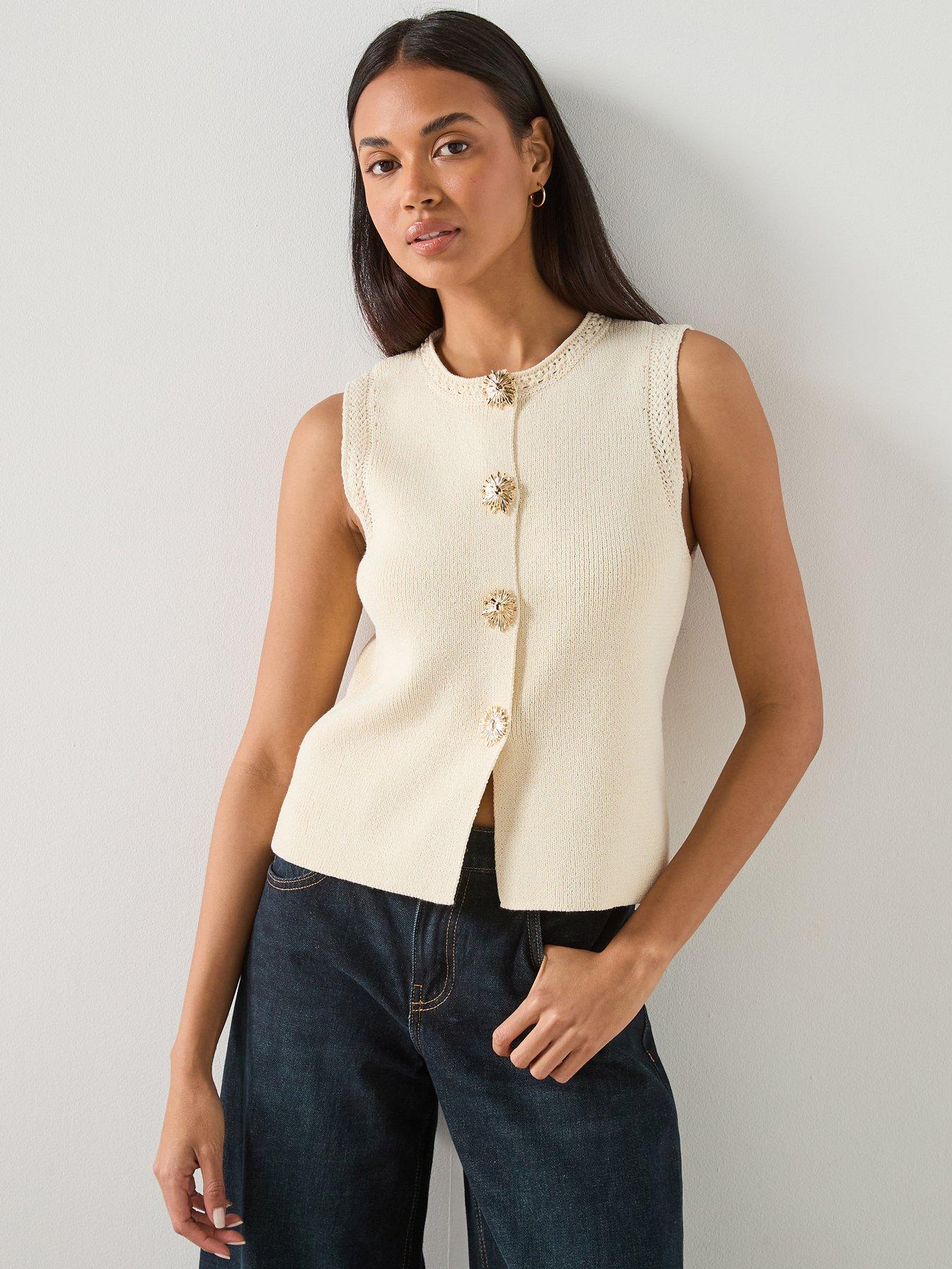 Mango Knitted Waistcoat With Contrast Piping - Cream