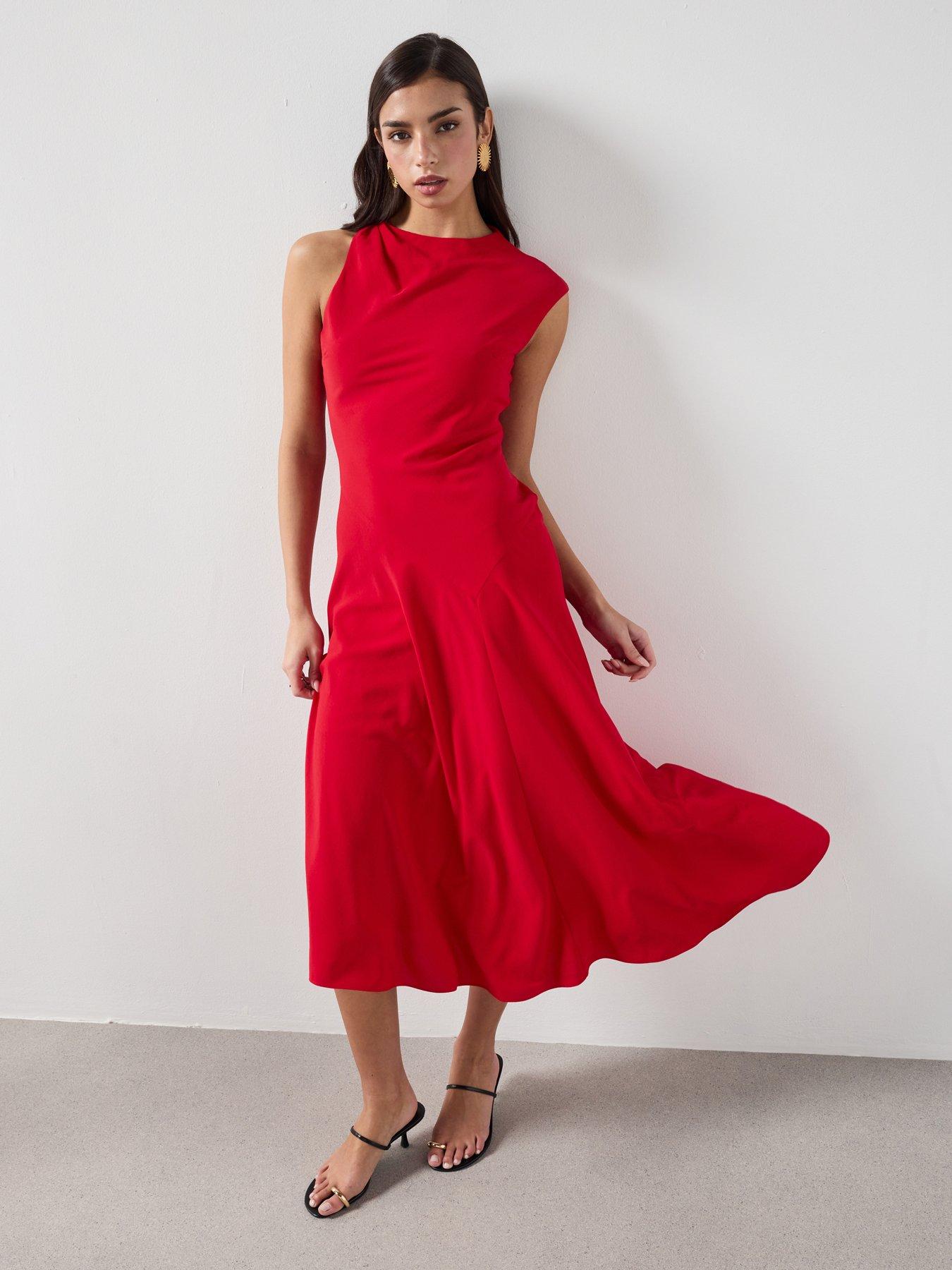 Mango Asymmetric Sleeve Midi Dress - Red