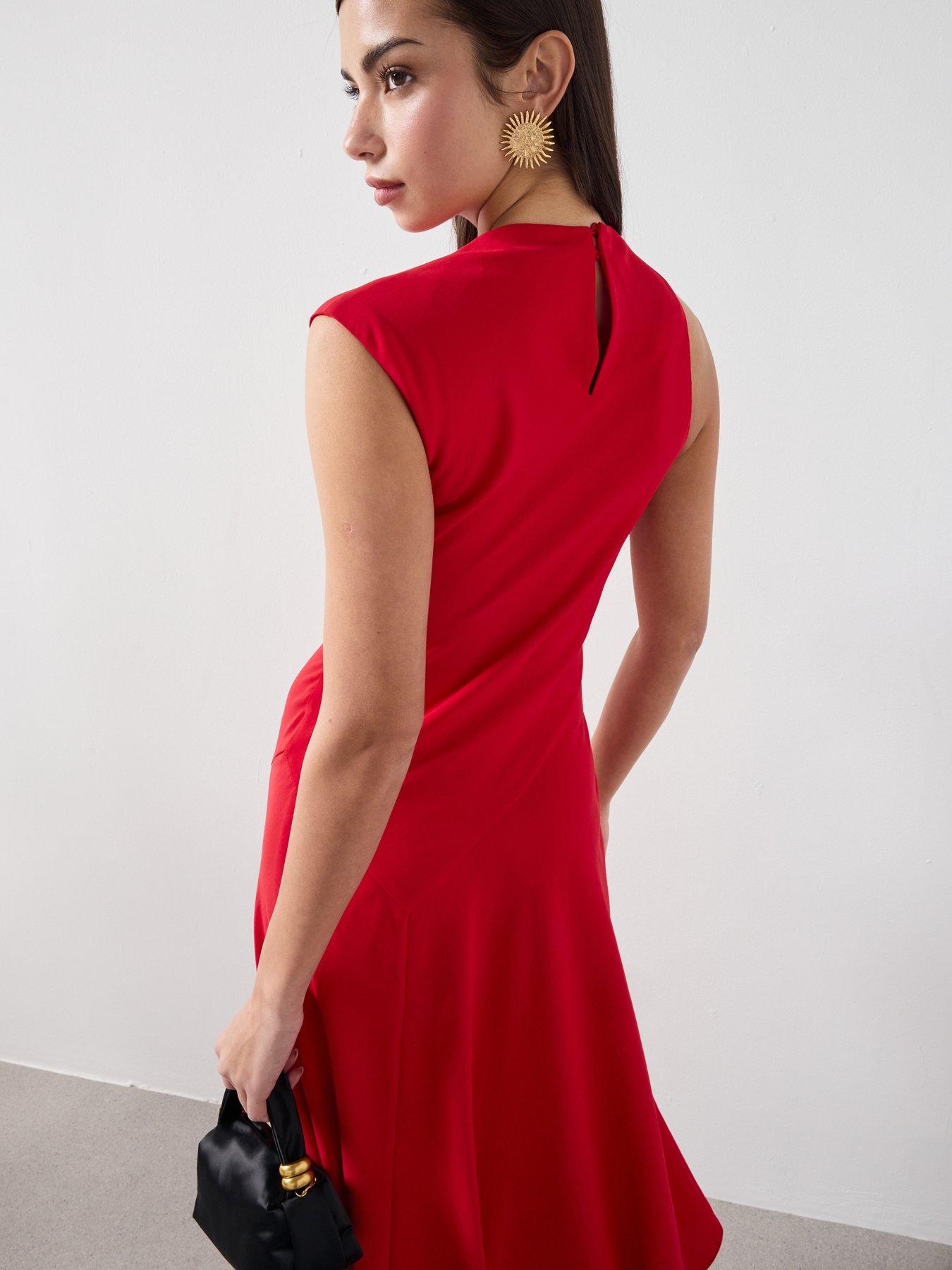 Image 6 of 6 of Mango Asymmetric Sleeve Midi Dress - Red