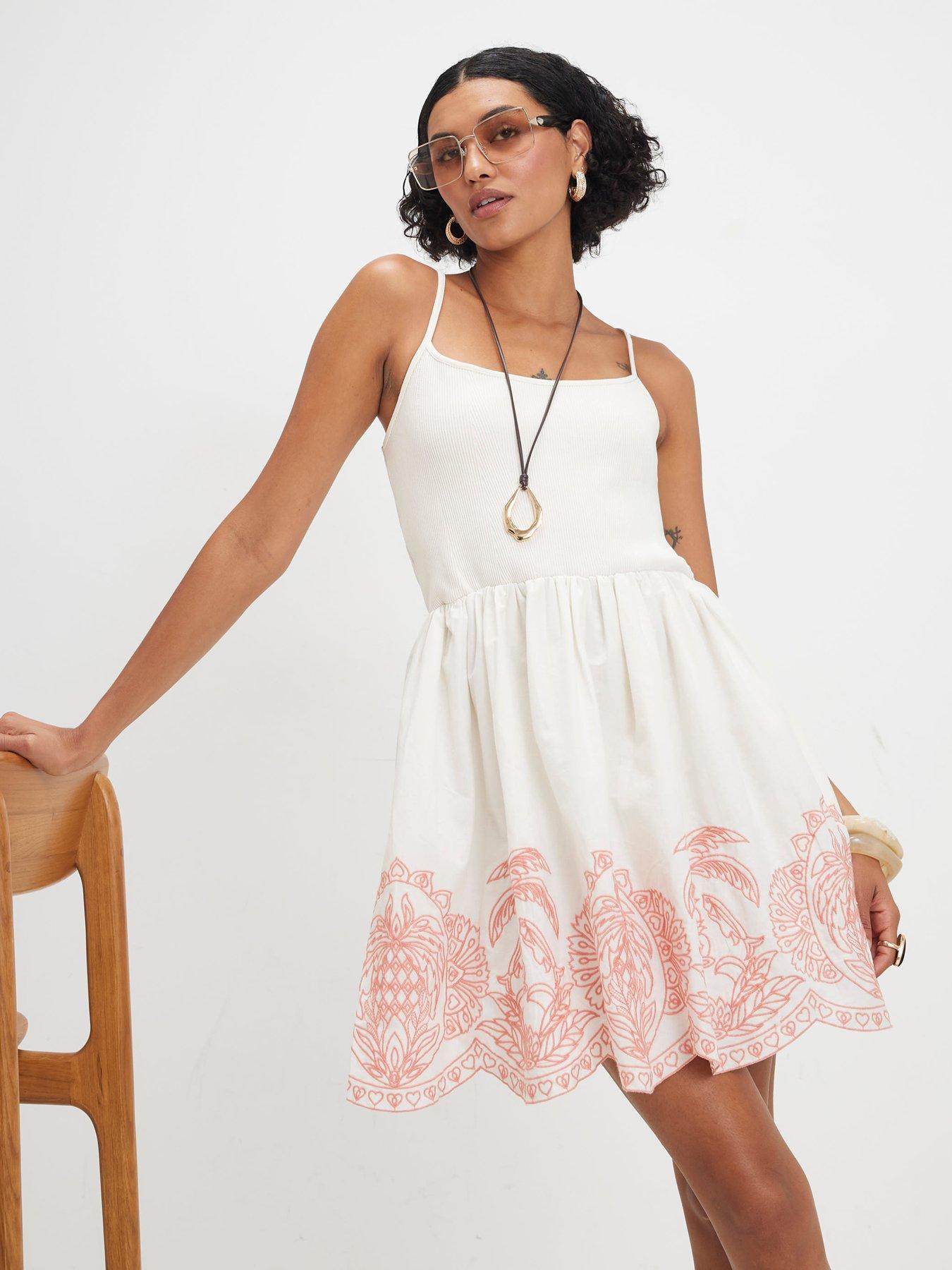 River Island Emb Palm Cutwork Hem Mini Drss - Cream