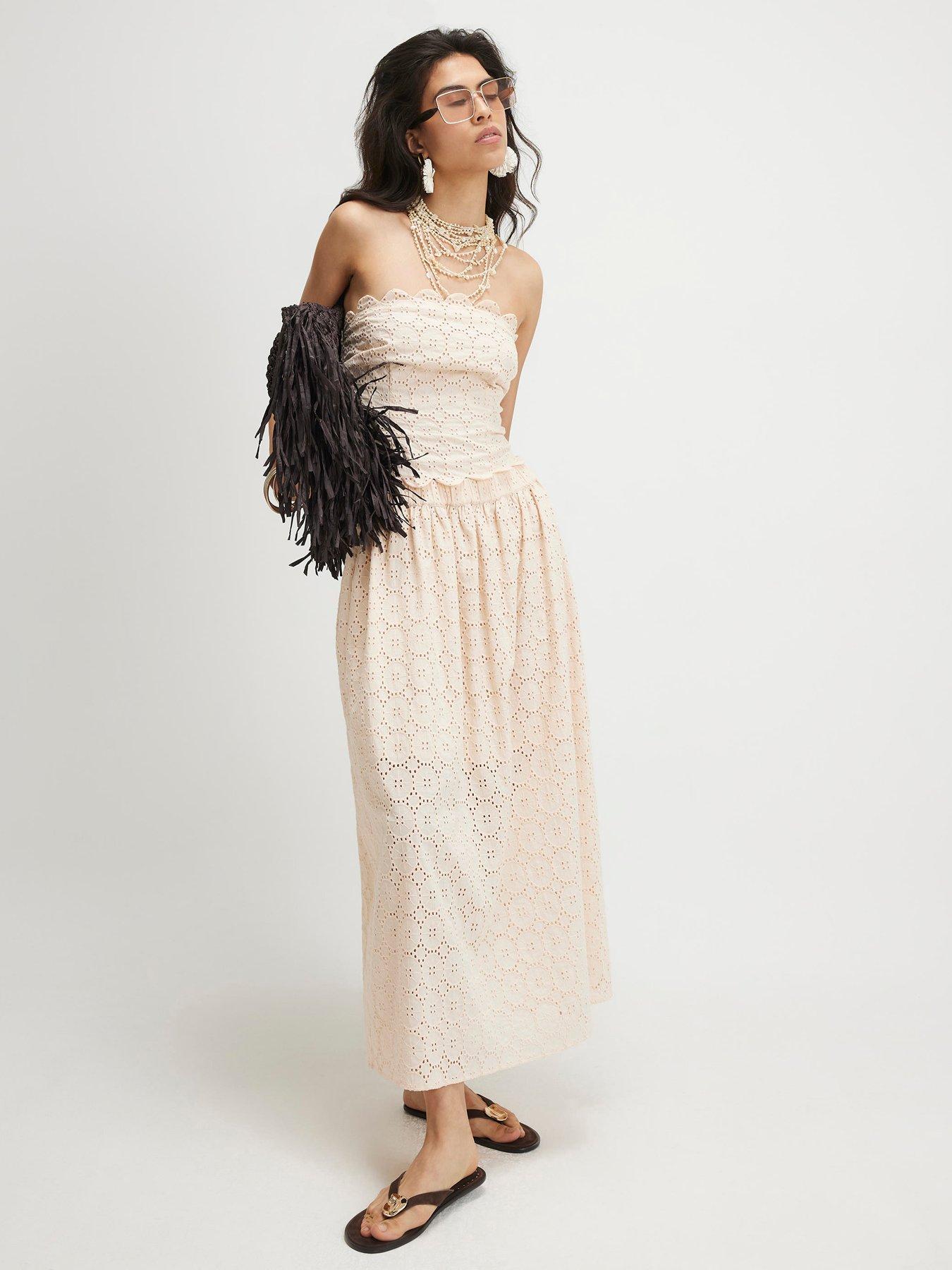 River Island Broderie Full Skirt - Beige