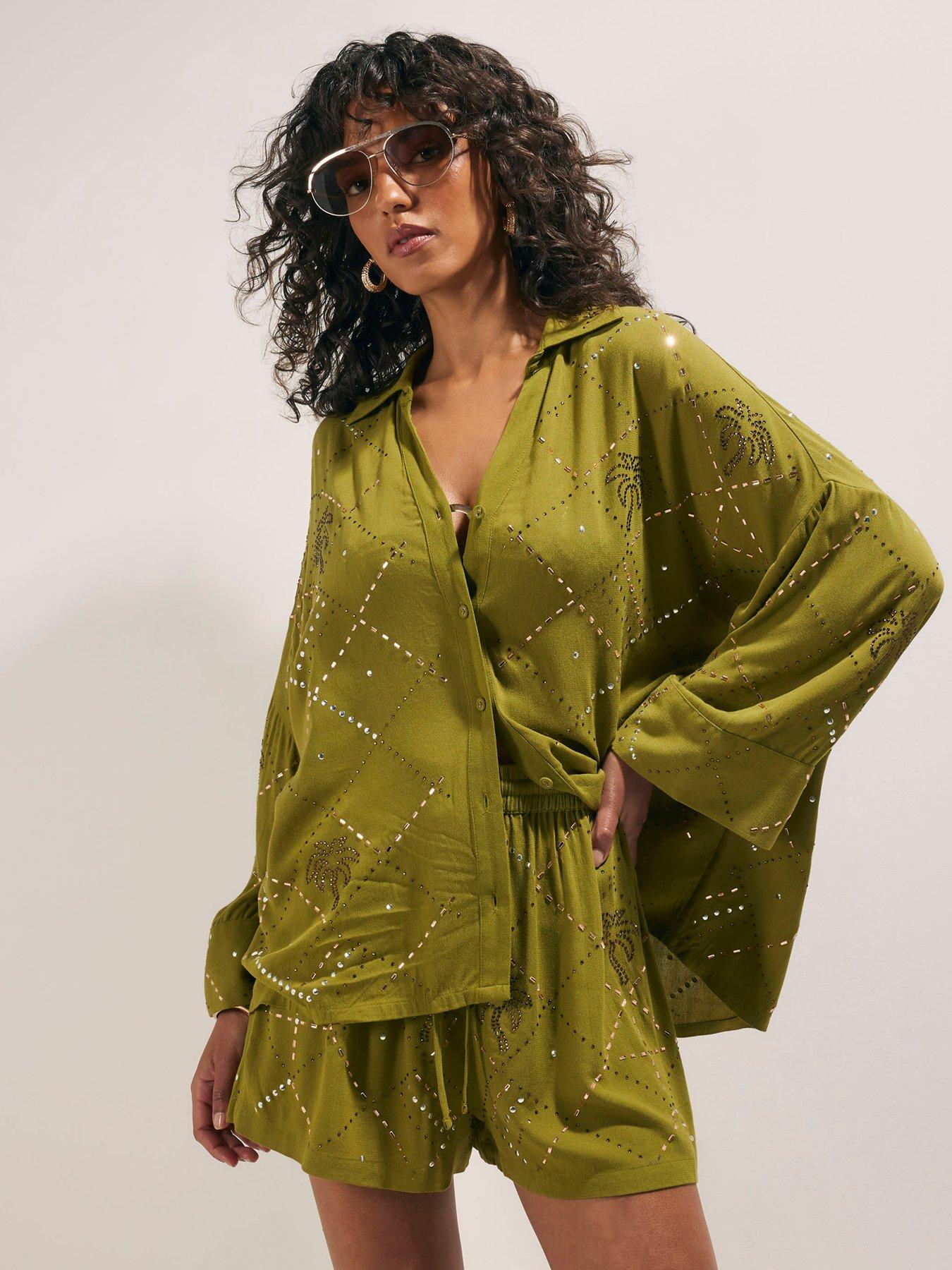 River Island Long Sleeve Palm Hotfix Co-Ord Shirt - Green
