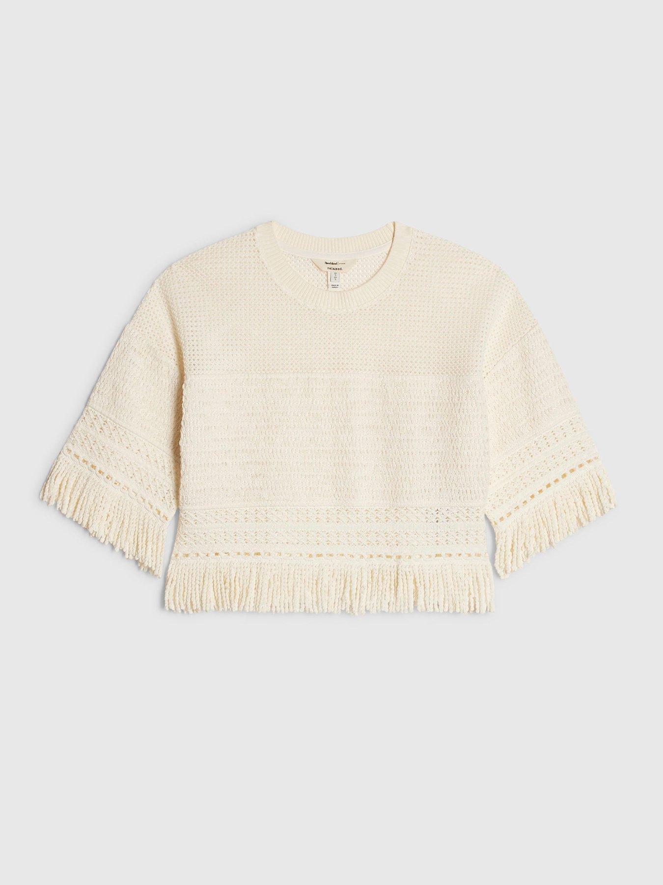 River Island Short Sleeve Petite Fringe Top - Cream