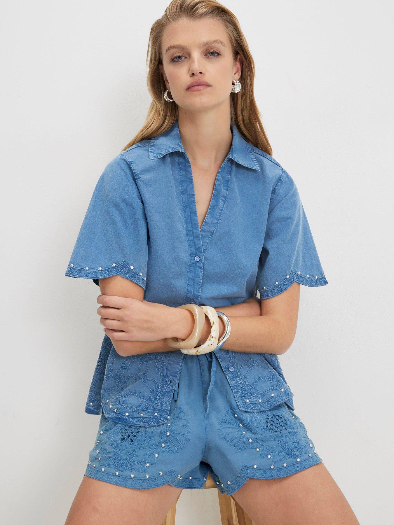 River Island Chambray Cutwork Co-ord Emb Shirt - Blue