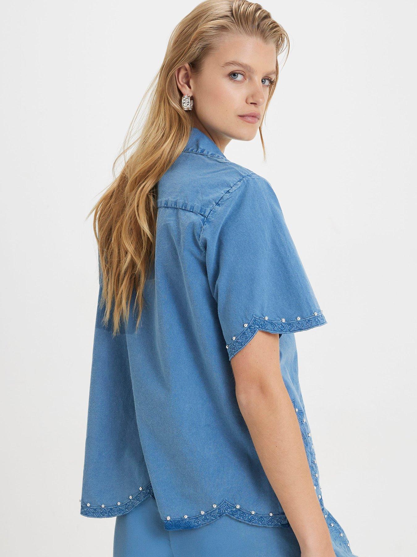 Image 2 of 6 of River Island Chambray Cutwork Co-ord Emb Shirt - Blue