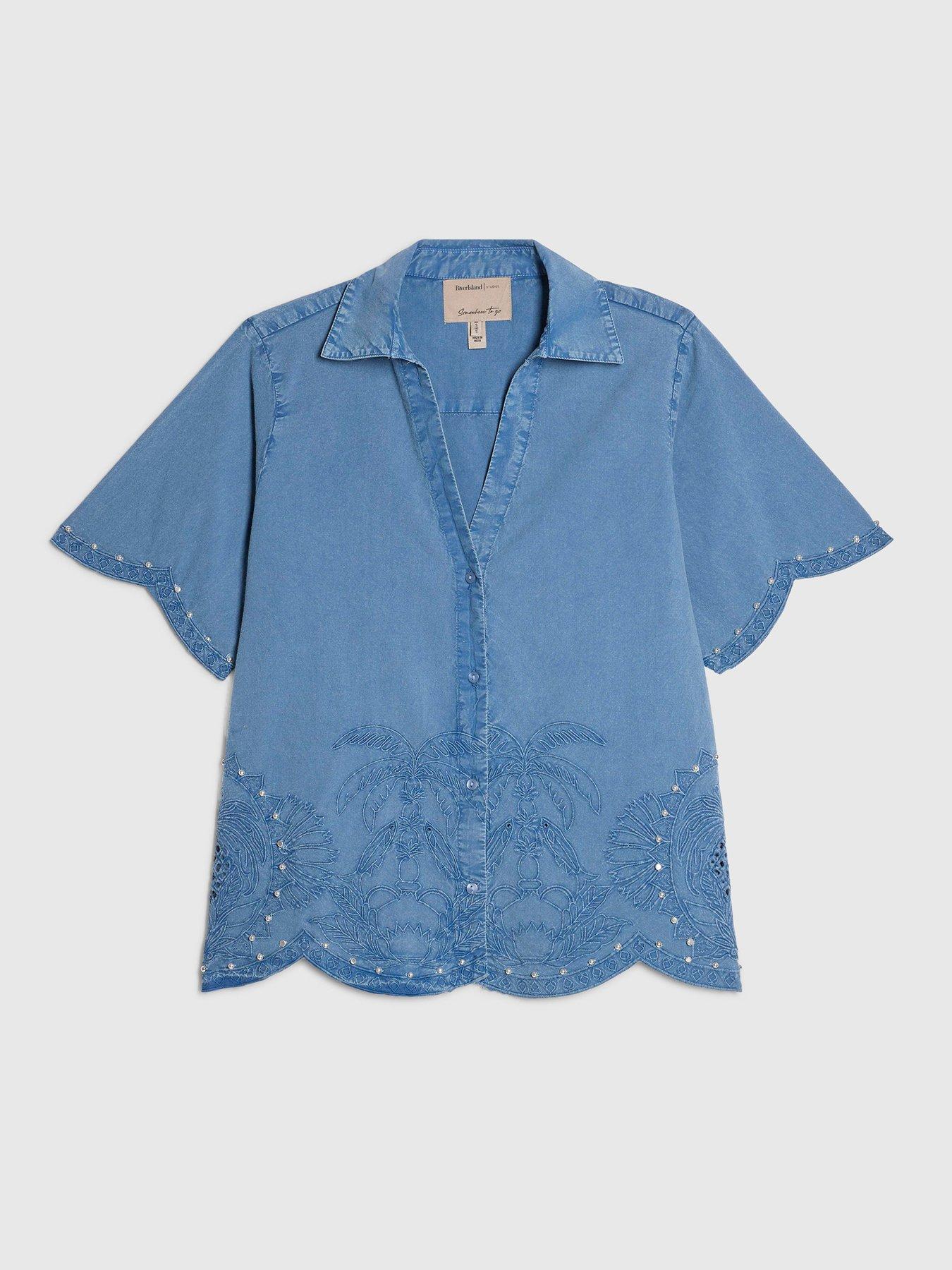 Image 5 of 6 of River Island Chambray Cutwork Co-ord Emb Shirt - Blue