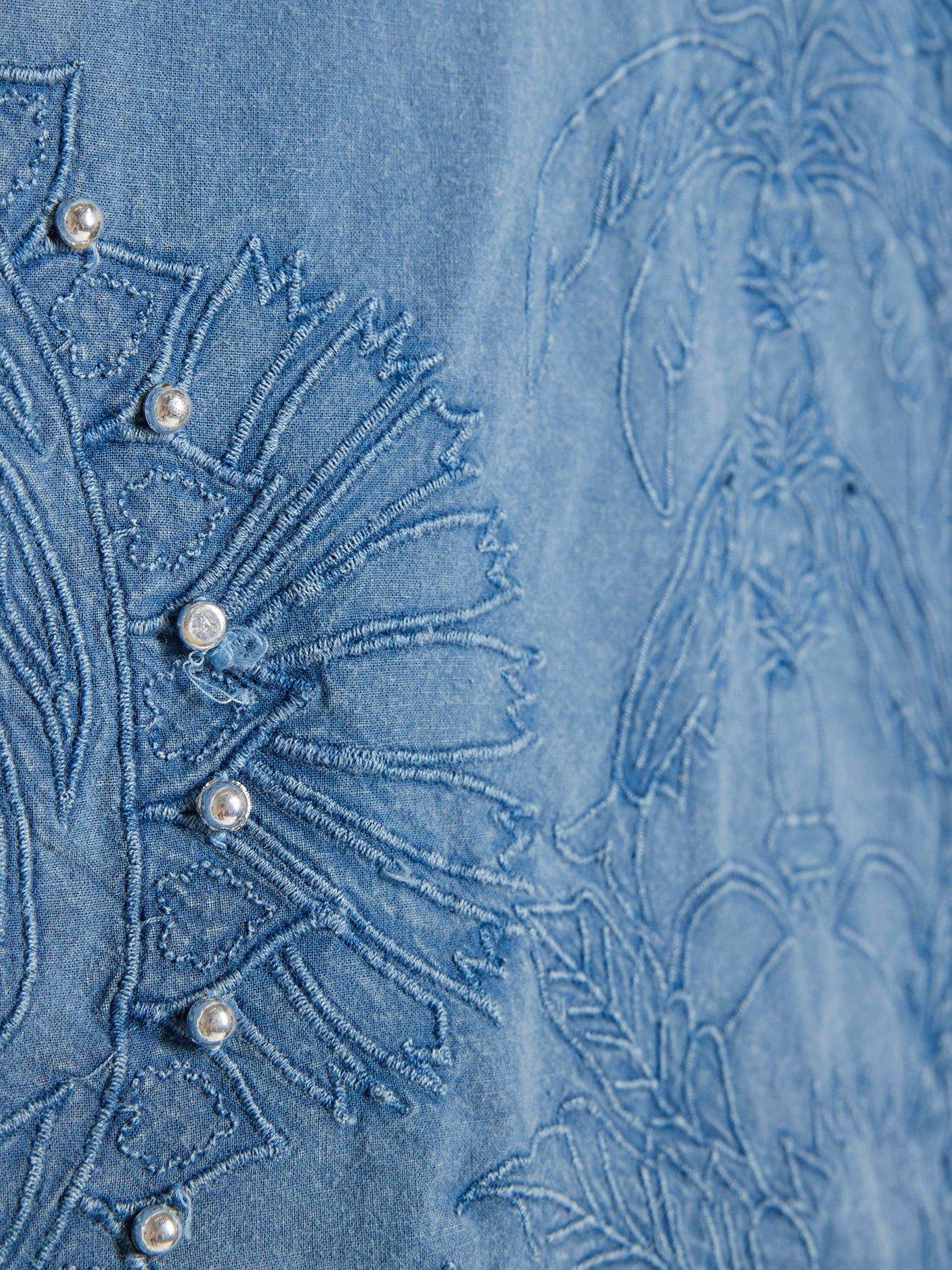 Image 6 of 6 of River Island Chambray Cutwork Co-ord Emb Shirt - Blue