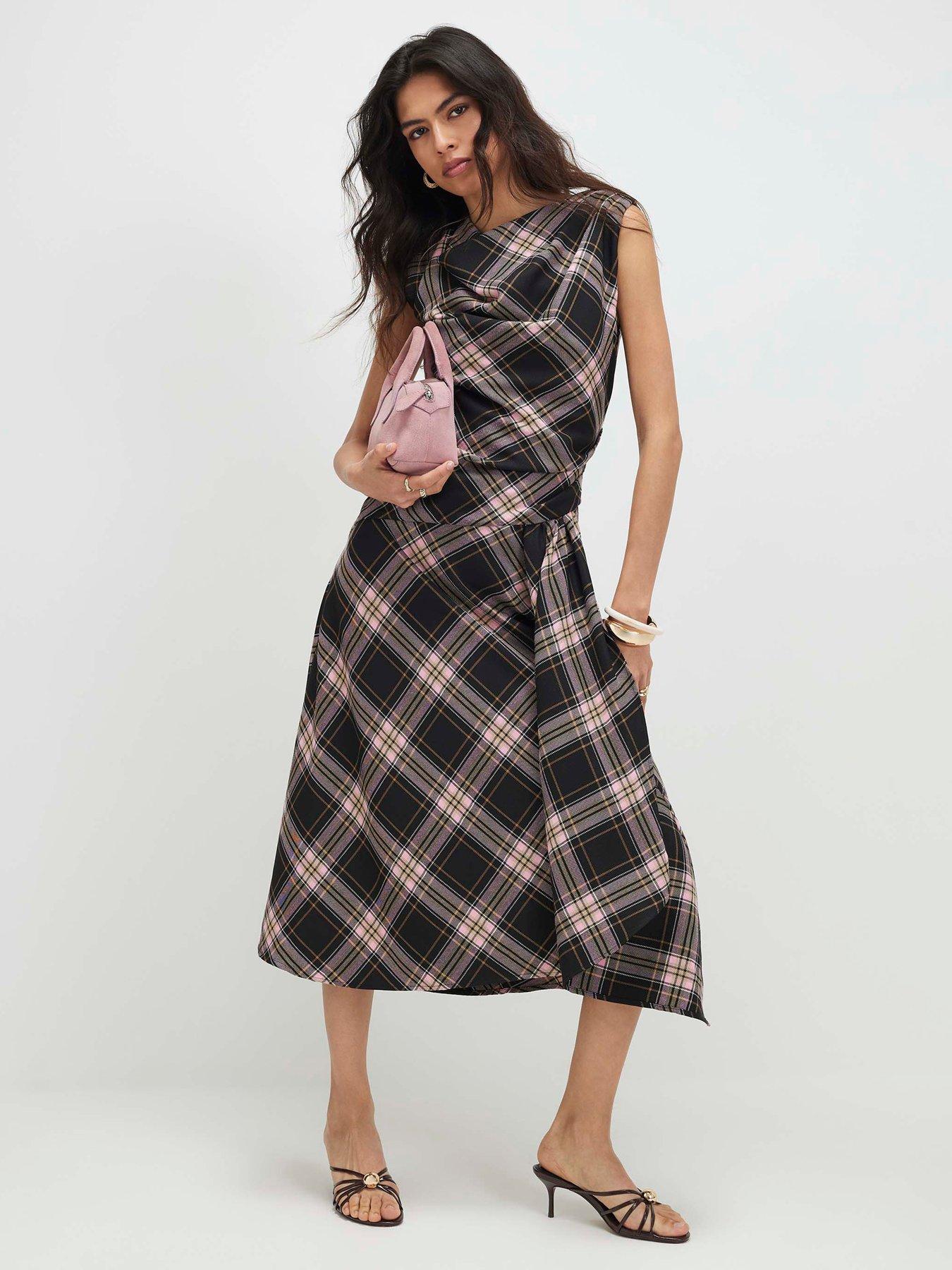 River Island Short Check Cowl Detail Asym Midi Dress - Pink