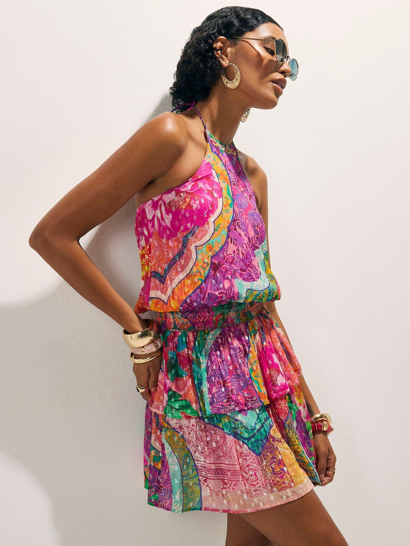 River Island Del Mar Halter Shirred Waist Dress - Pink