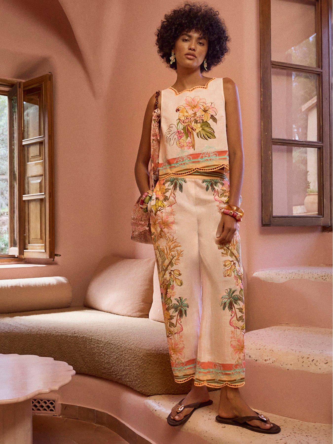 River Island Del Mar Floral Cutwork Crop Co-ord Trouser - Cream