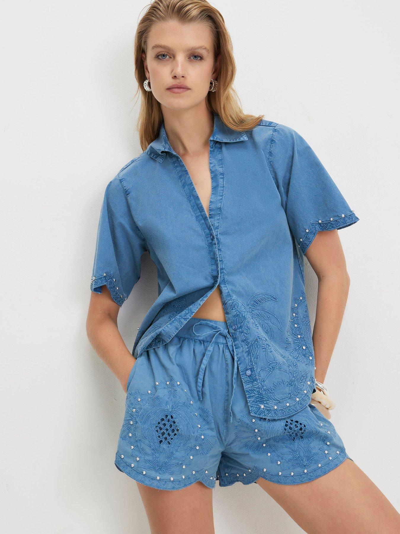 River Island Chambray Cutwork Embellished Shorts Co-Ord - Blue