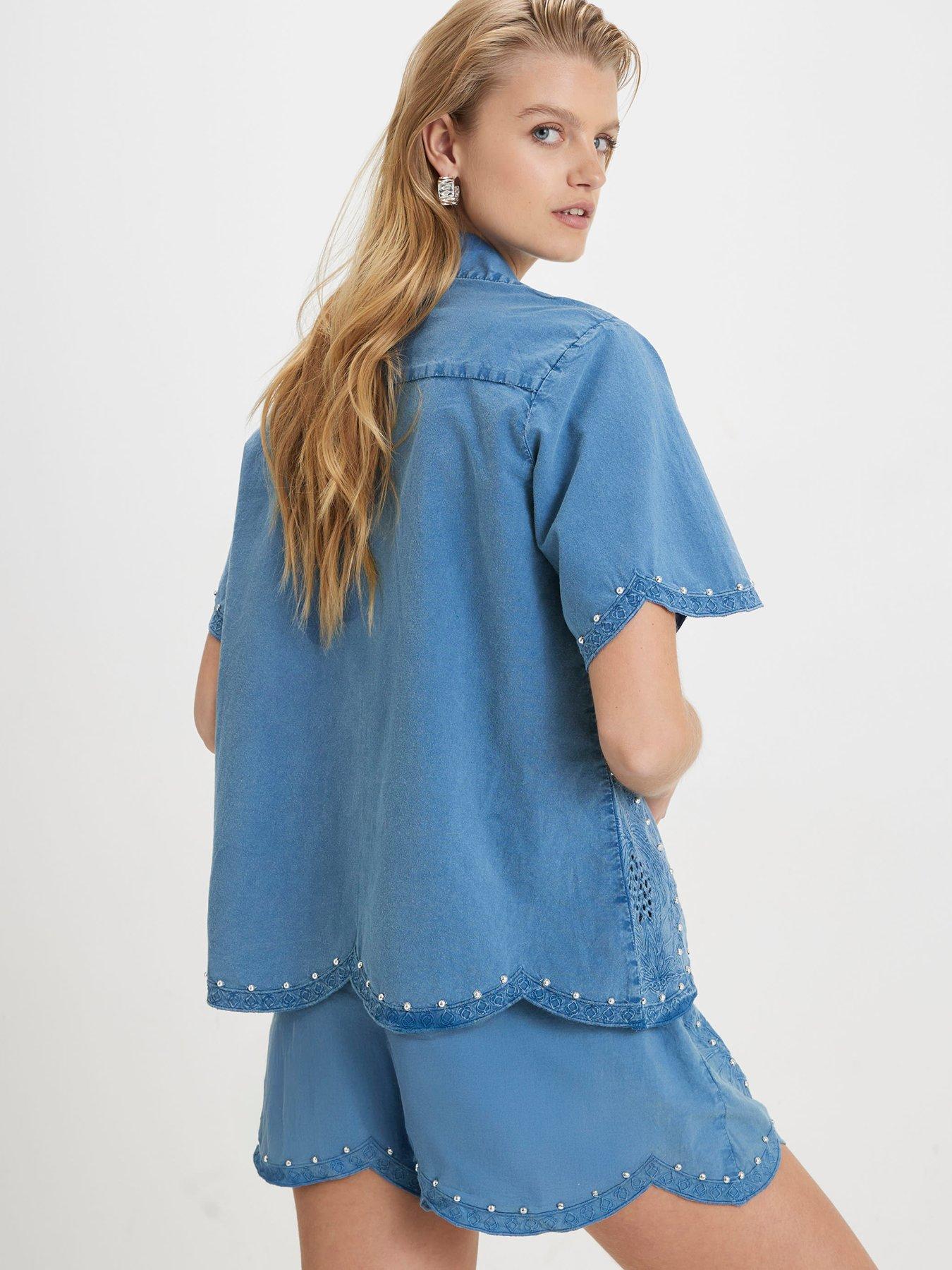 Image 2 of 6 of River Island Chambray Cutwork Embellished Shorts Co-Ord - Blue