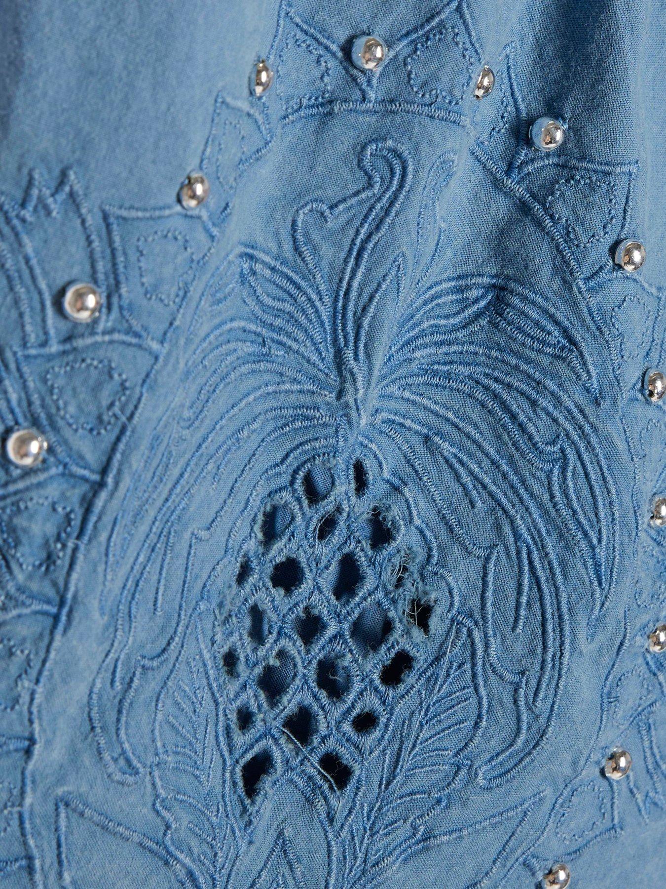 Image 6 of 6 of River Island Chambray Cutwork Embellished Shorts Co-Ord - Blue