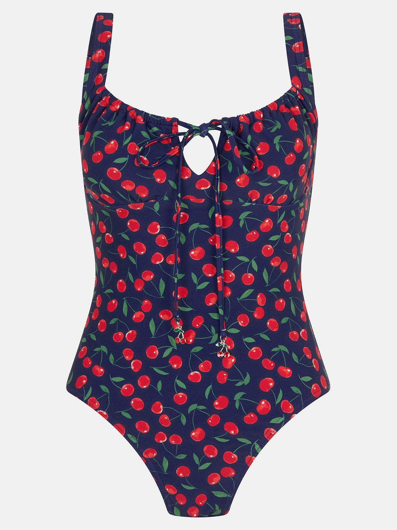  image of accessorize-cherry-print-front-tie-swimsuit