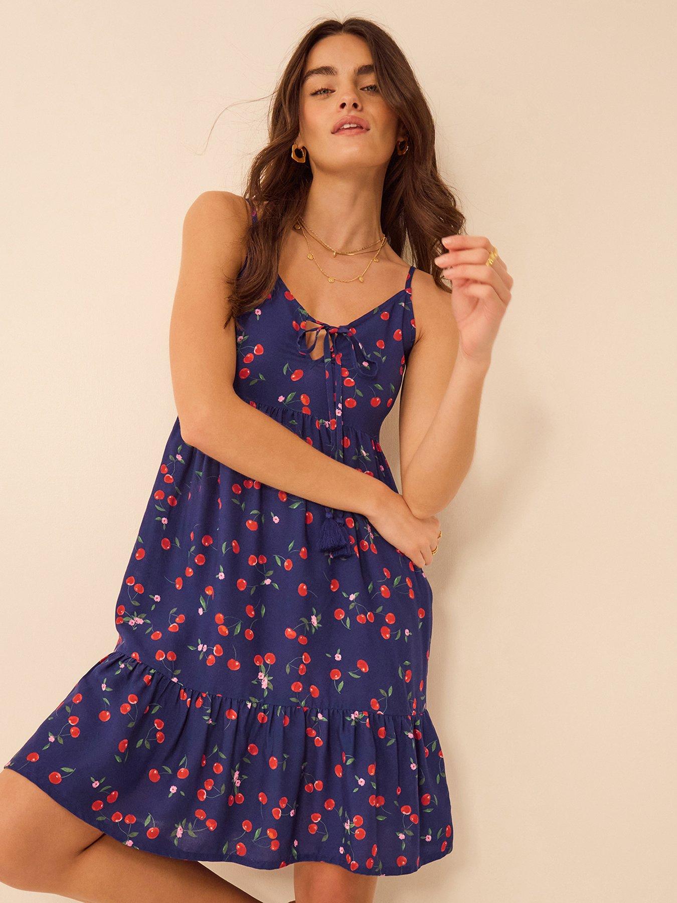 image of accessorize-cherry-print-tassel-tie-mini-dress