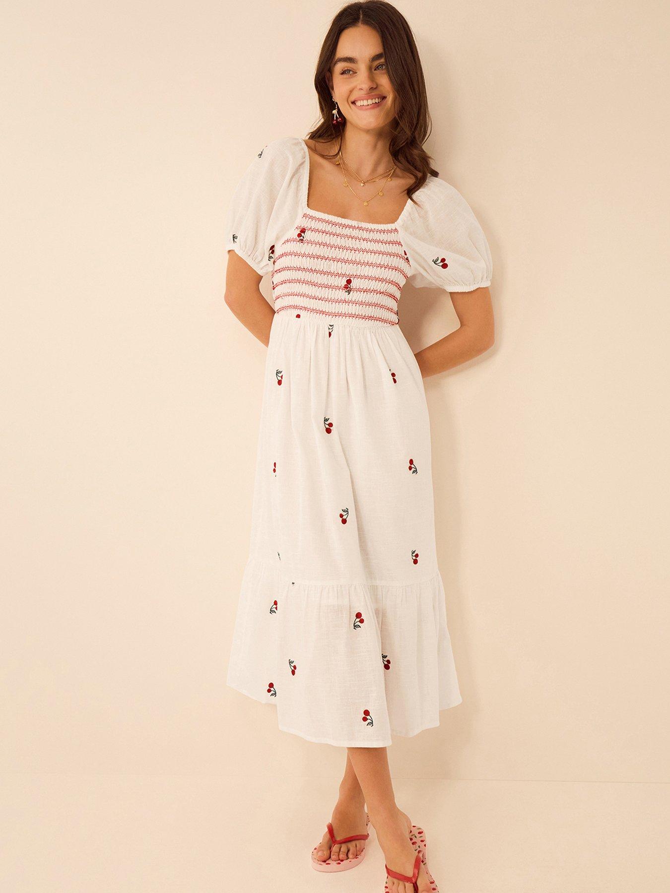 Accessorize Puff Sleeve Cherry Embroidered Midi Dress
