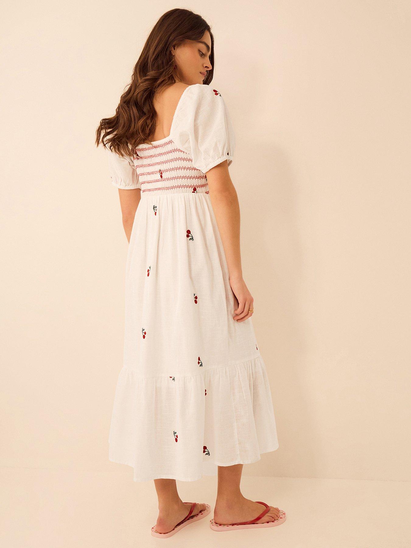 Image 2 of 5 of Accessorize Puff Sleeve Cherry Embroidered Midi Dress