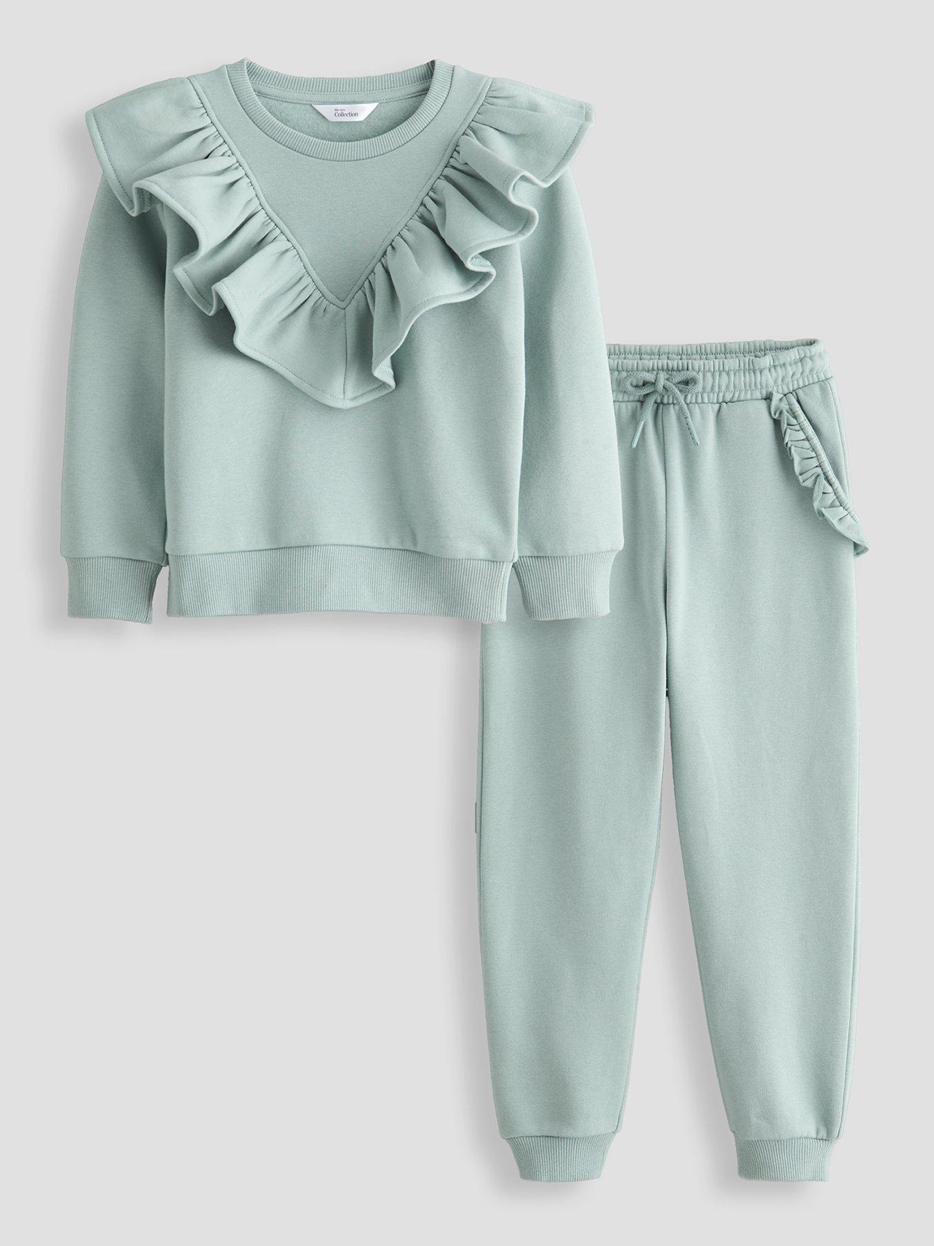 The Very Collection Girls Frill Neck Sweatshirt Set - Sage Green