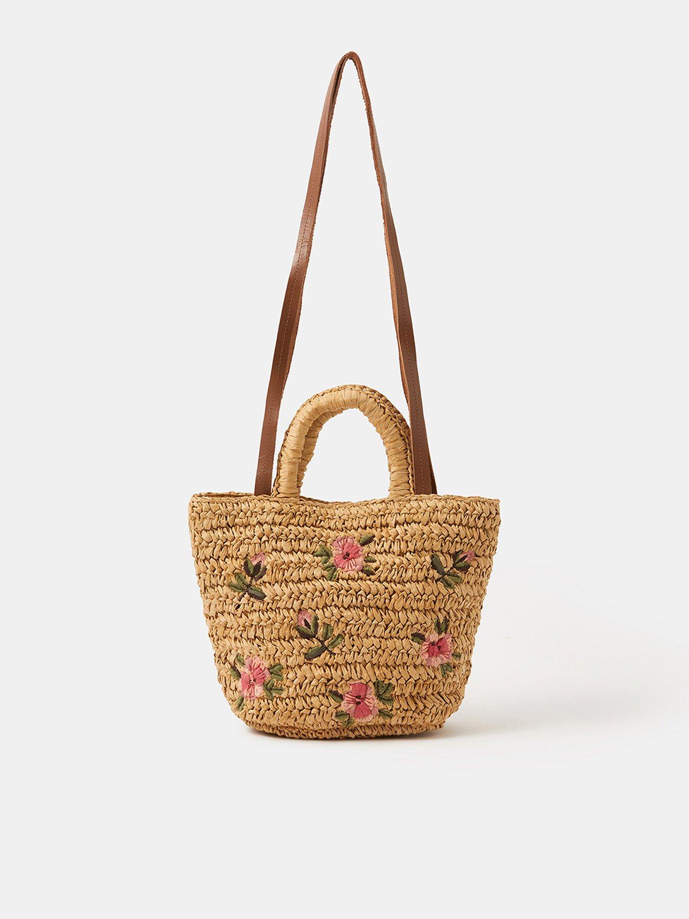 Image 1 of 5 of Accessorize Floral Embroidered Raffia Bag