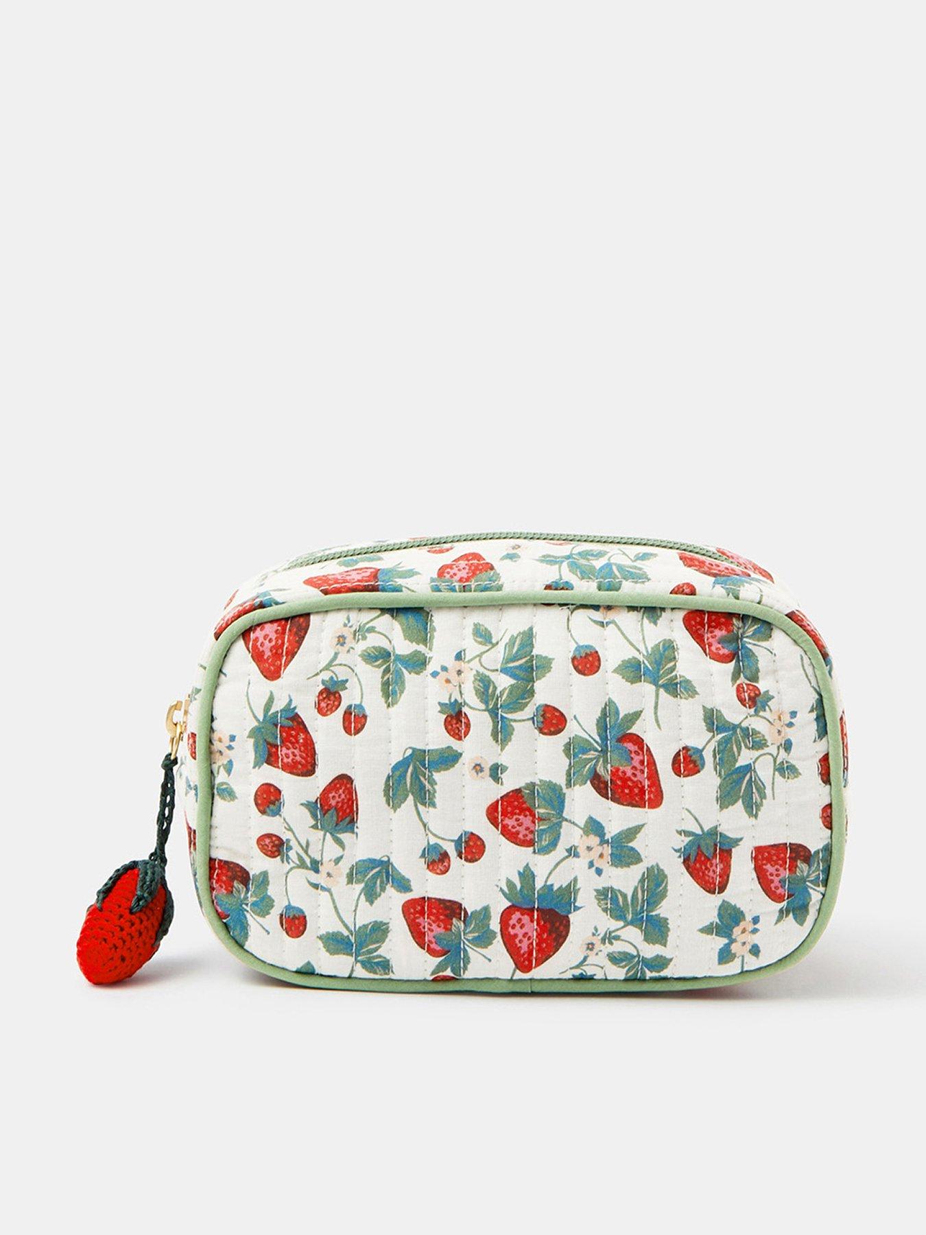 front image of accessorize-strawberry-print-quilted-make-up-bag