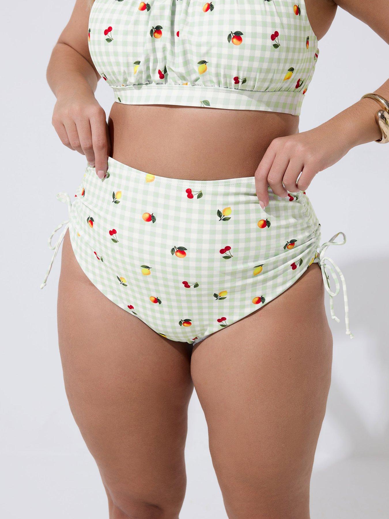 Image 1 of 5 of Yours Curve Gingham Fruit Print Bikini Bottom - Green