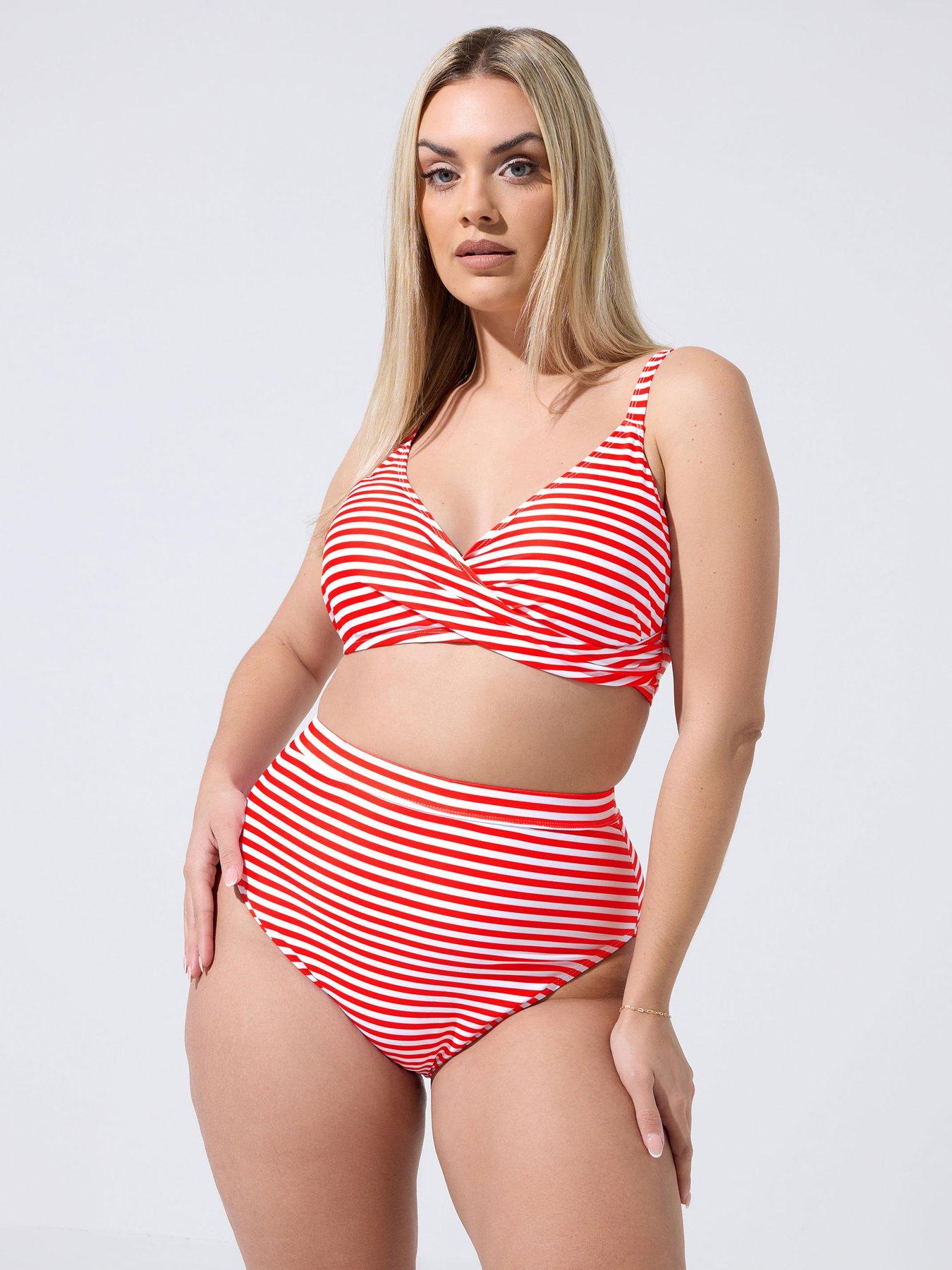 Image 1 of 5 of Yours Curve Striped Bikini Bottoms - Red
