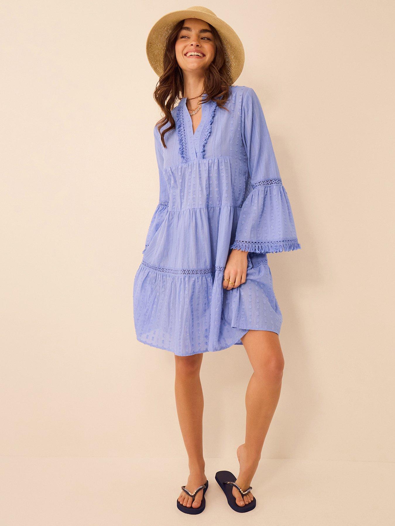 front image of accessorize-flute-sleeve-dobby-beach-dress