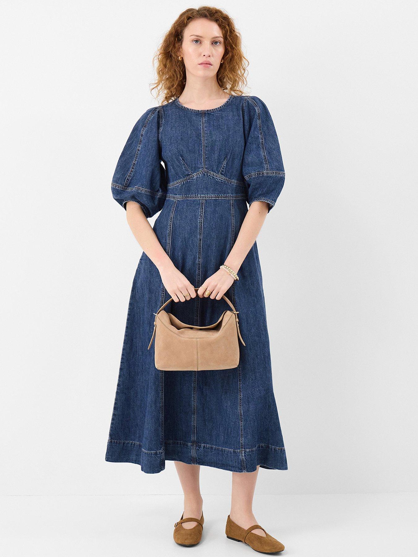 front image of accessorize-puff-sleeve-denim-midi-dress