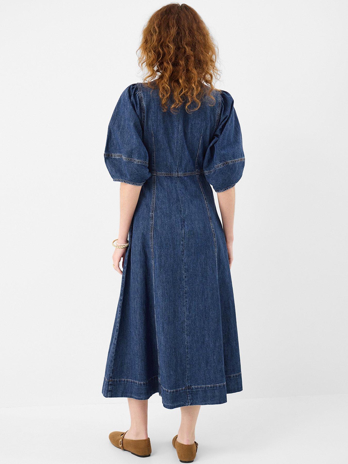  image of accessorize-puff-sleeve-denim-midi-dress