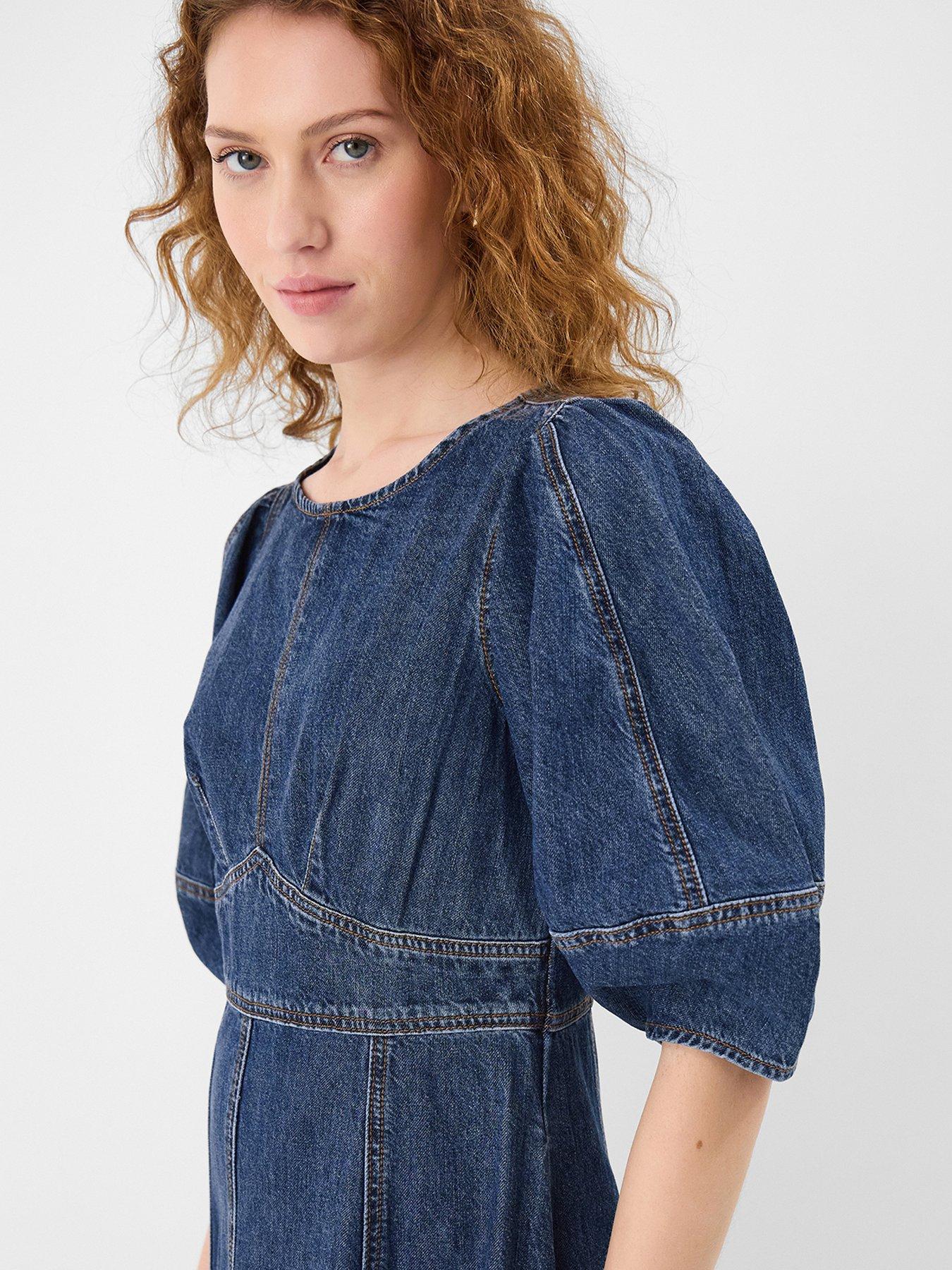 image of accessorize-puff-sleeve-denim-midi-dress