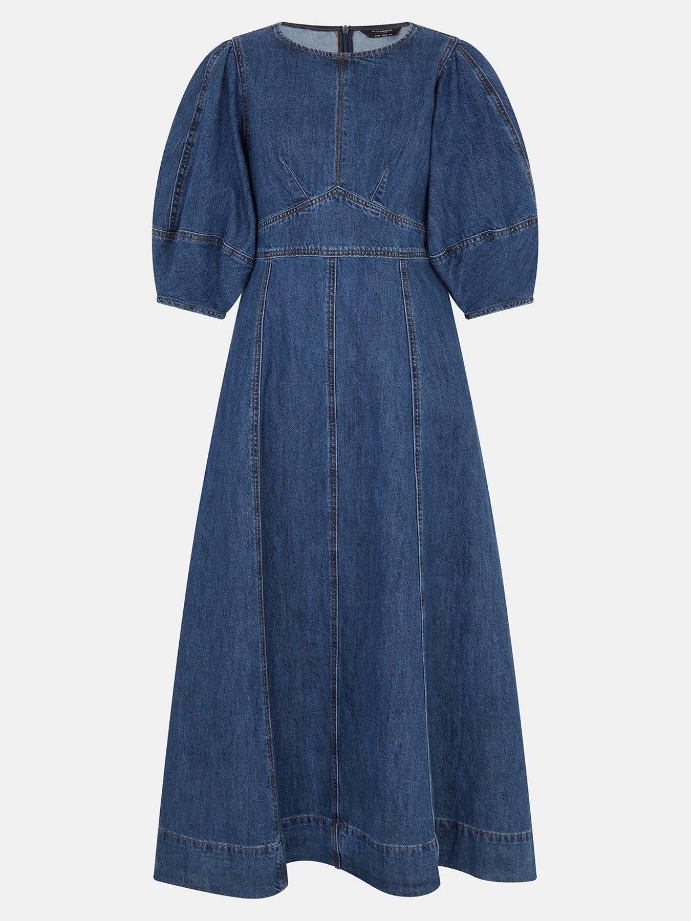  image of accessorize-puff-sleeve-denim-midi-dress