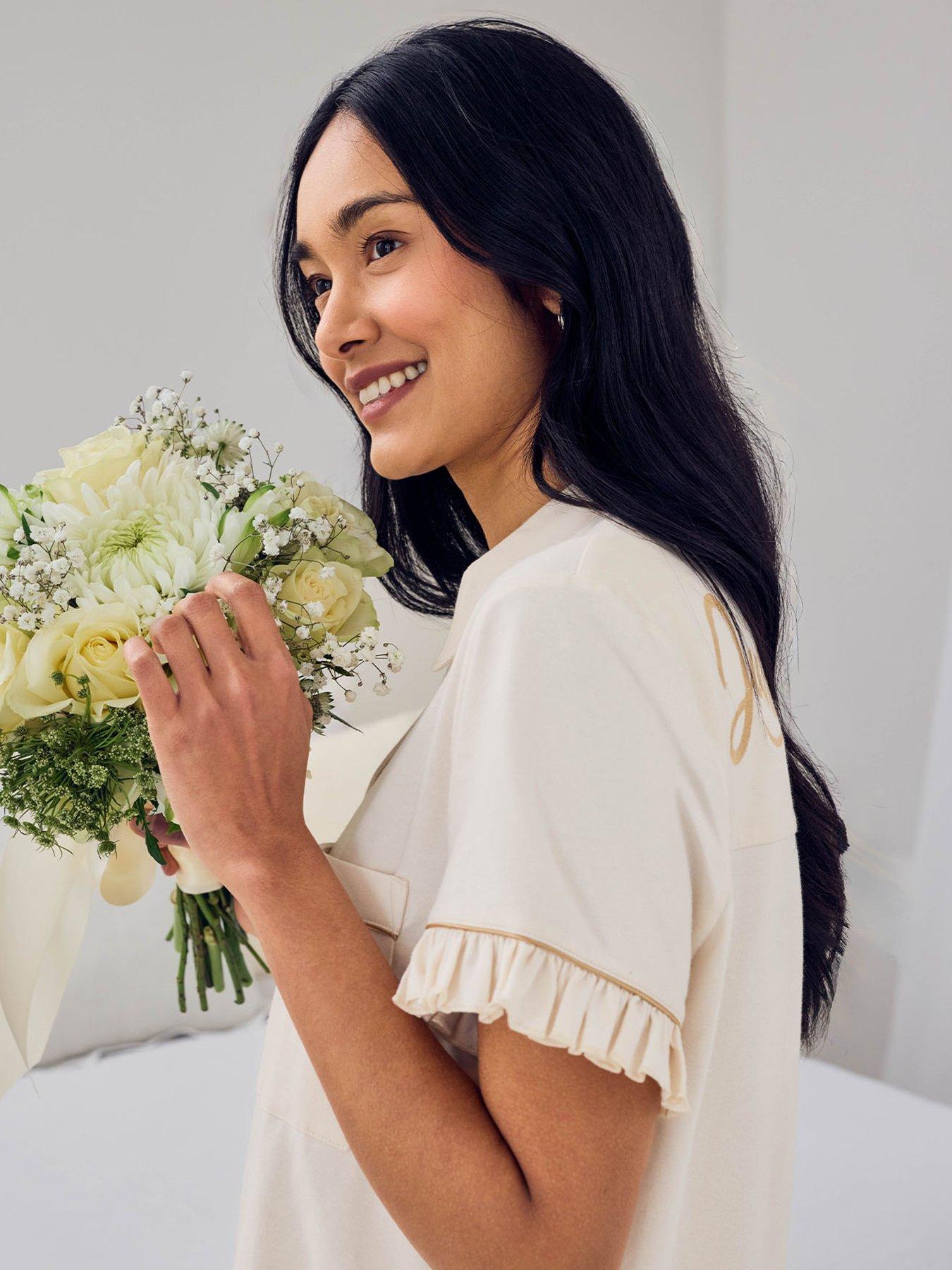 Image 4 of 6 of CHELSEA PEERS Chelsea Peers&nbsp;Cotton Embroidered Just Married Frill Short Pyjama Set - Cream