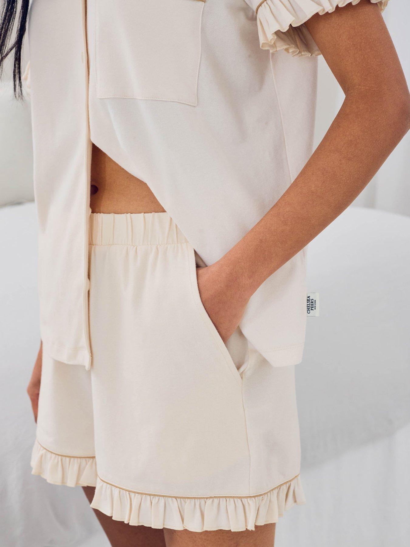 Image 5 of 6 of CHELSEA PEERS Chelsea Peers&nbsp;Cotton Embroidered Just Married Frill Short Pyjama Set - Cream