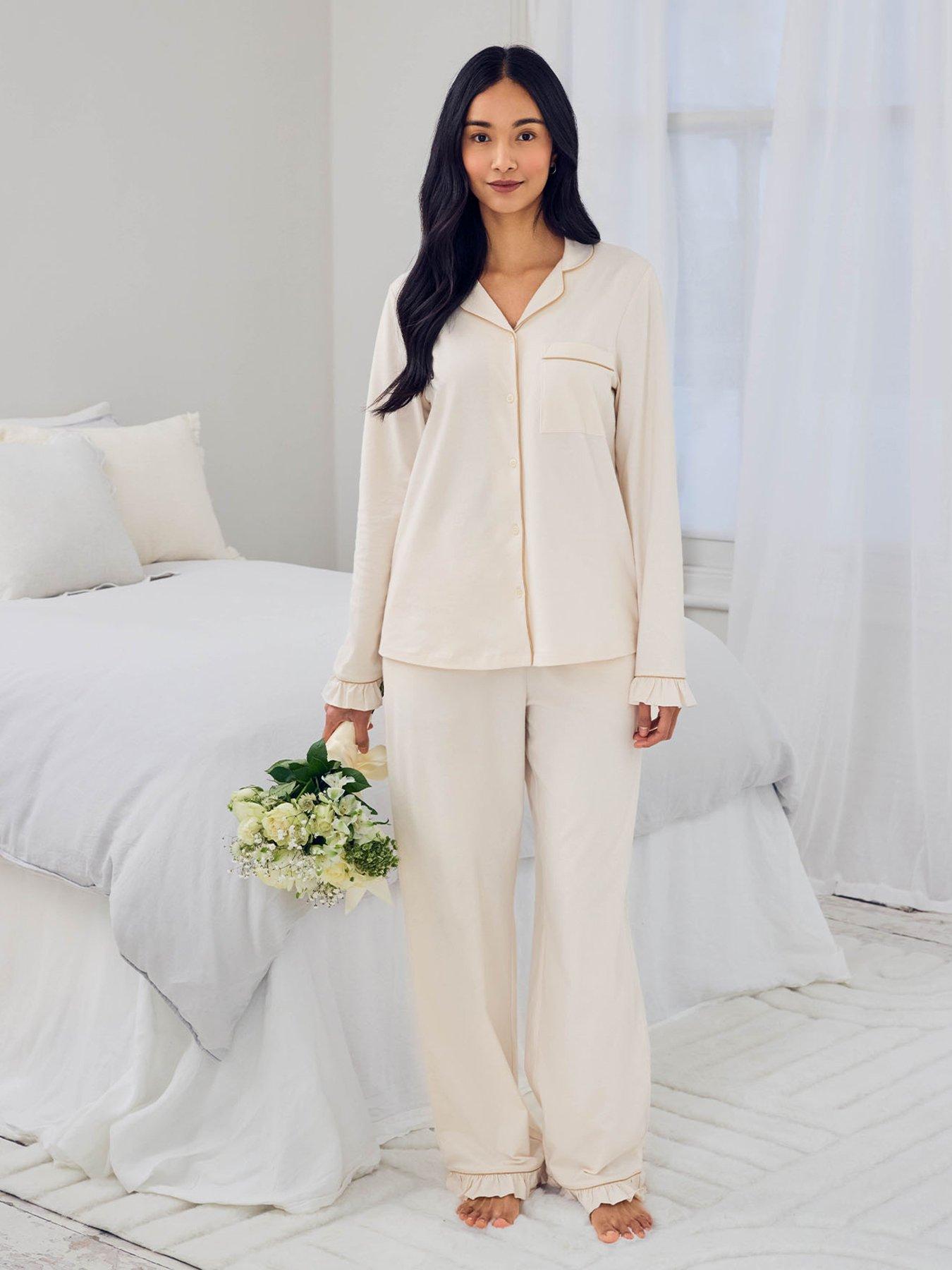 Image 1 of 6 of CHELSEA PEERS Chelsea Peers&nbsp;Cotton Embroidered Just Married Frill Long Pyjama Set - Cream