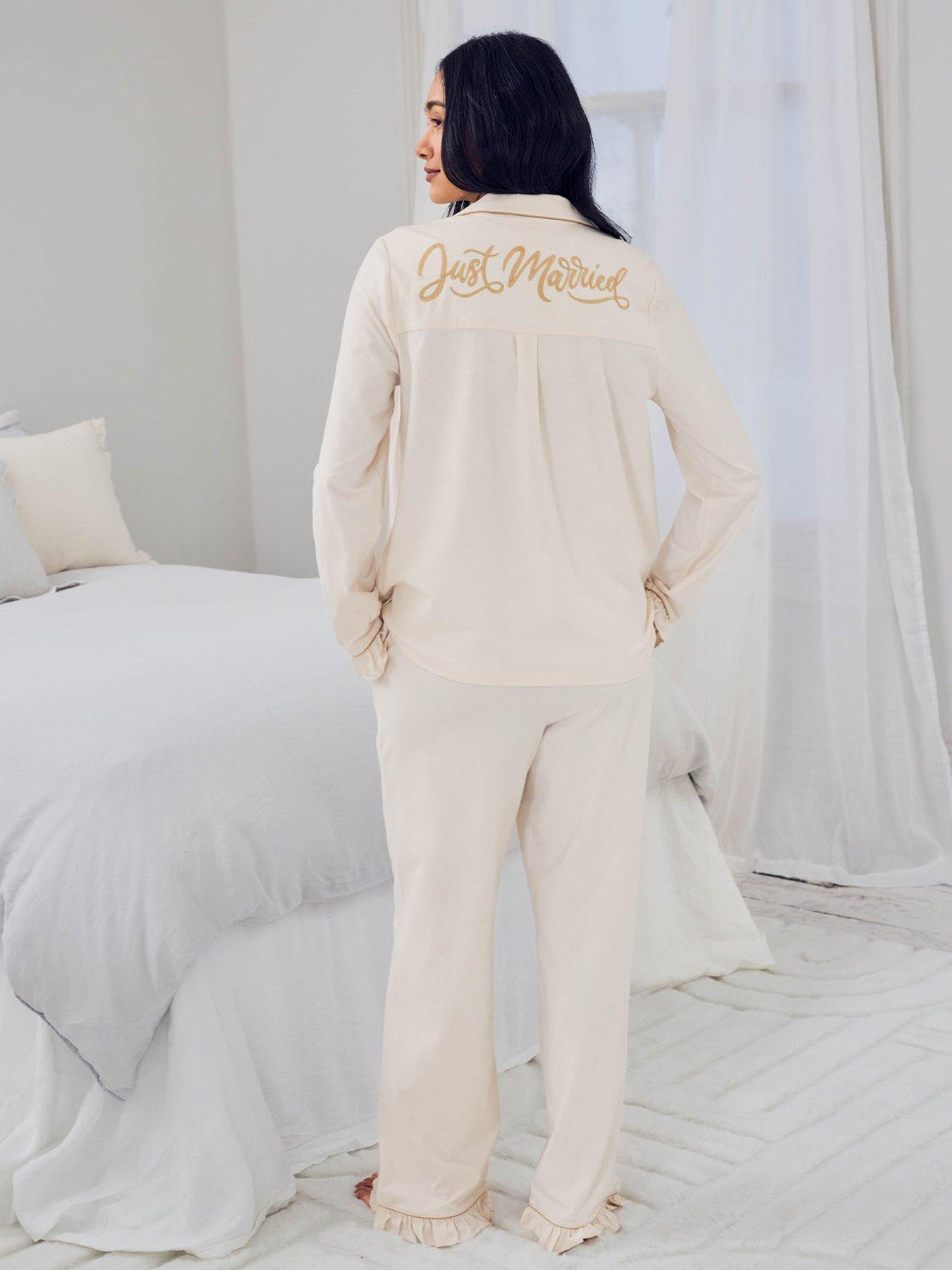 Image 2 of 6 of CHELSEA PEERS Chelsea Peers&nbsp;Cotton Embroidered Just Married Frill Long Pyjama Set - Cream