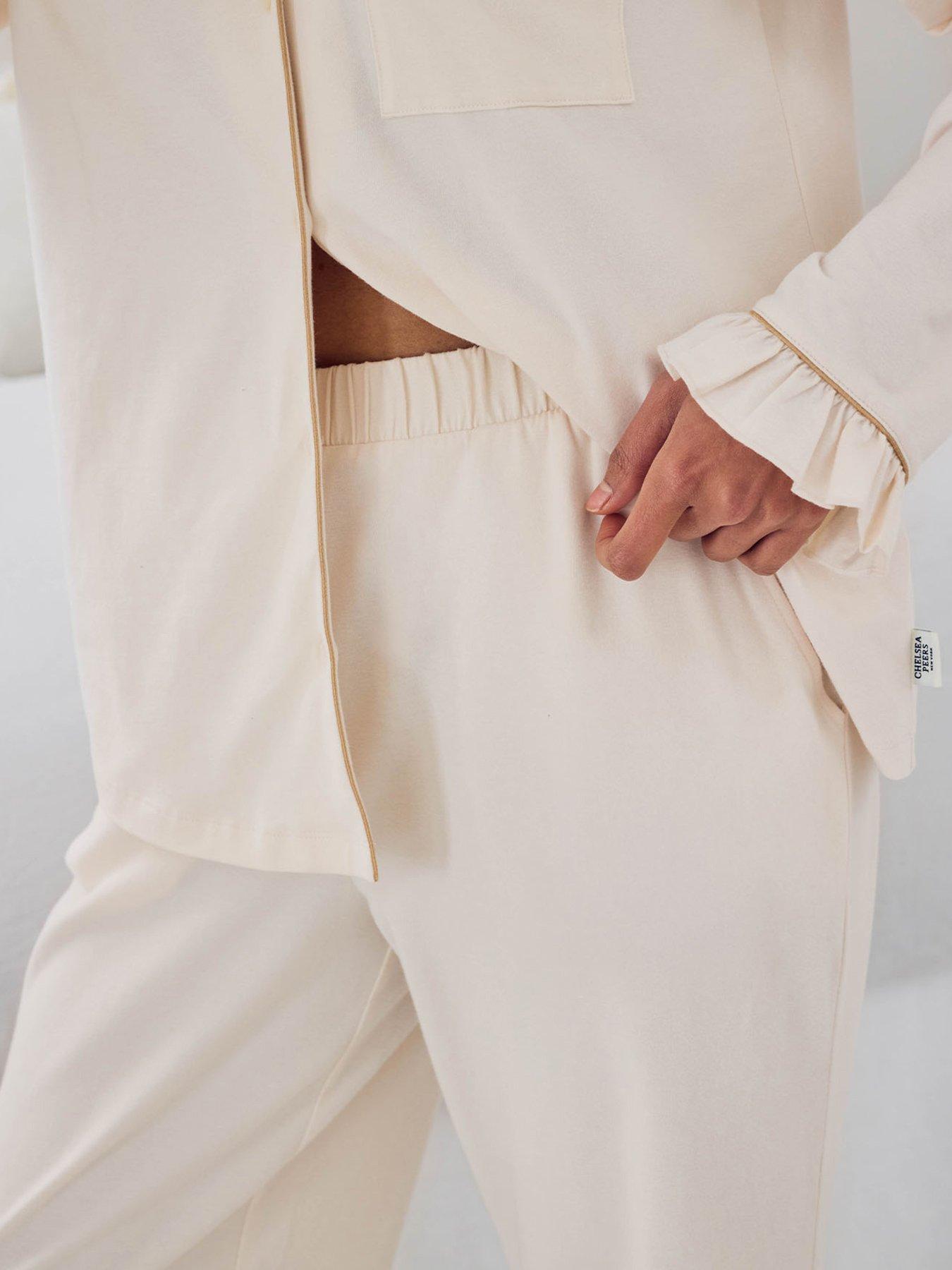 Image 5 of 6 of CHELSEA PEERS Chelsea Peers&nbsp;Cotton Embroidered Just Married Frill Long Pyjama Set - Cream