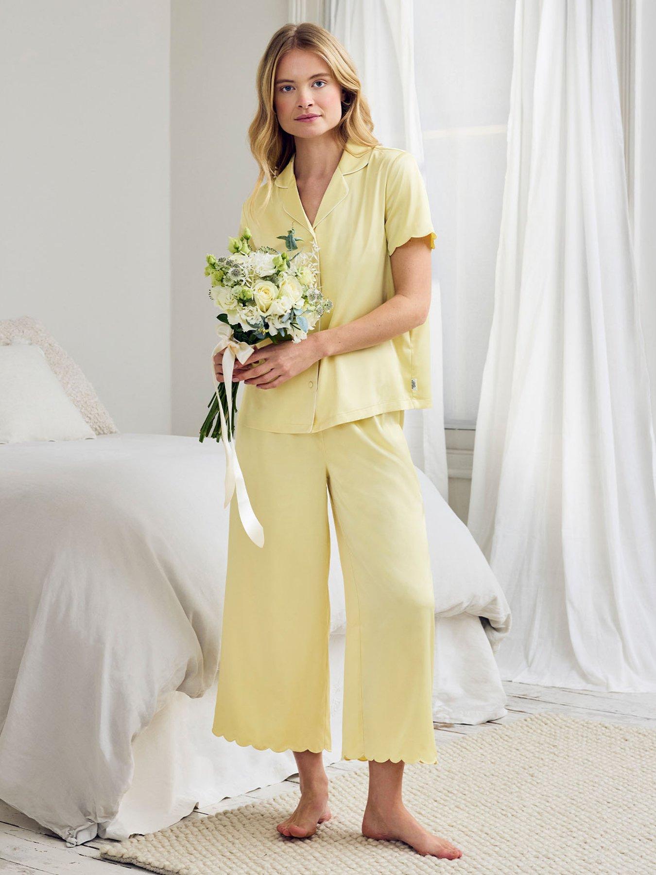 Image 1 of 6 of CHELSEA PEERS Satin Scallop Edge Long Pyjama Set - Butter Yellow